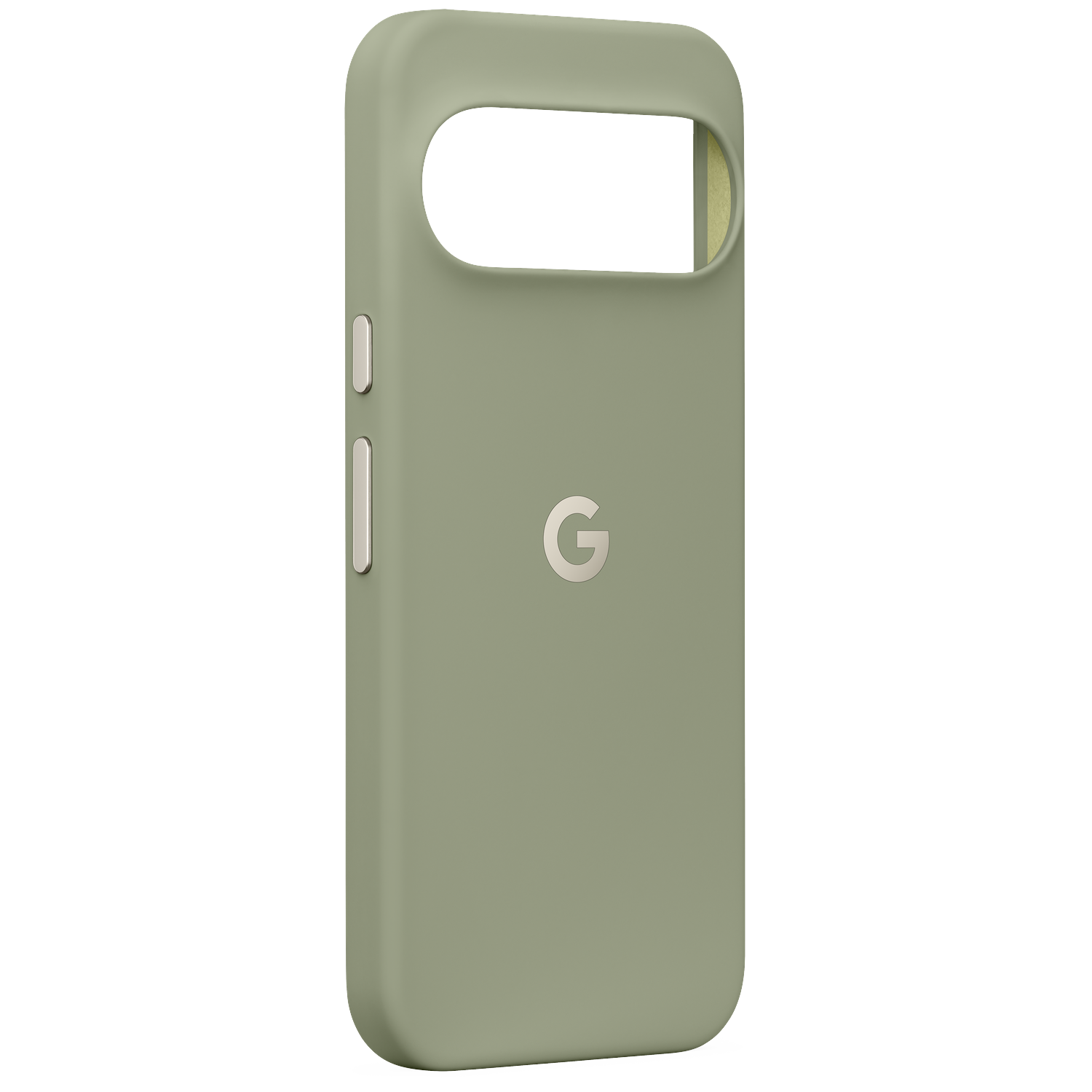 Lichtgroene telefoonhoes met camera-uitsparing, zilveren knoppen en Google-logo op een zwarte achtergrond.