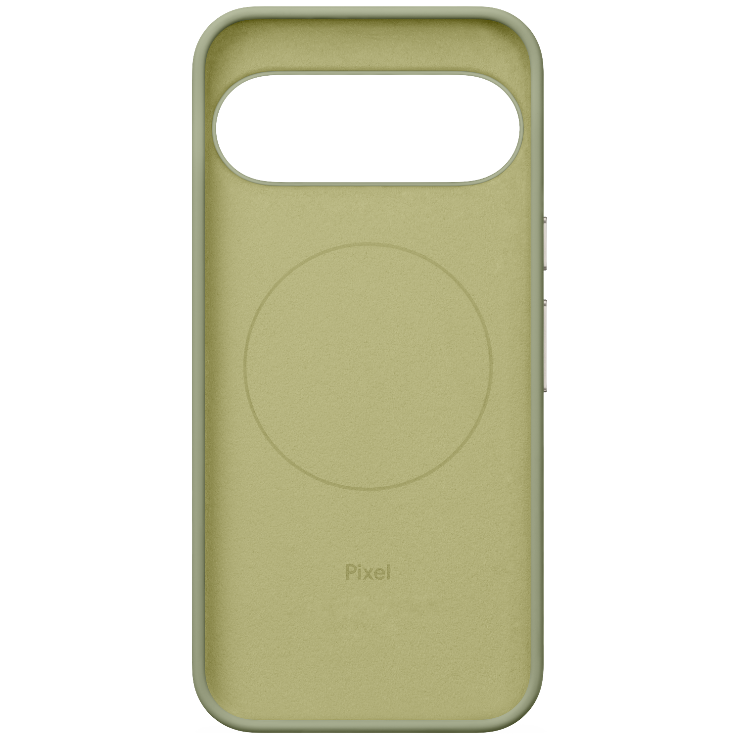 Een olijfgroene smartphonehoes binnenkant met een cirkelvormig patroon en Pixel-logo op een zwarte achtergrond.