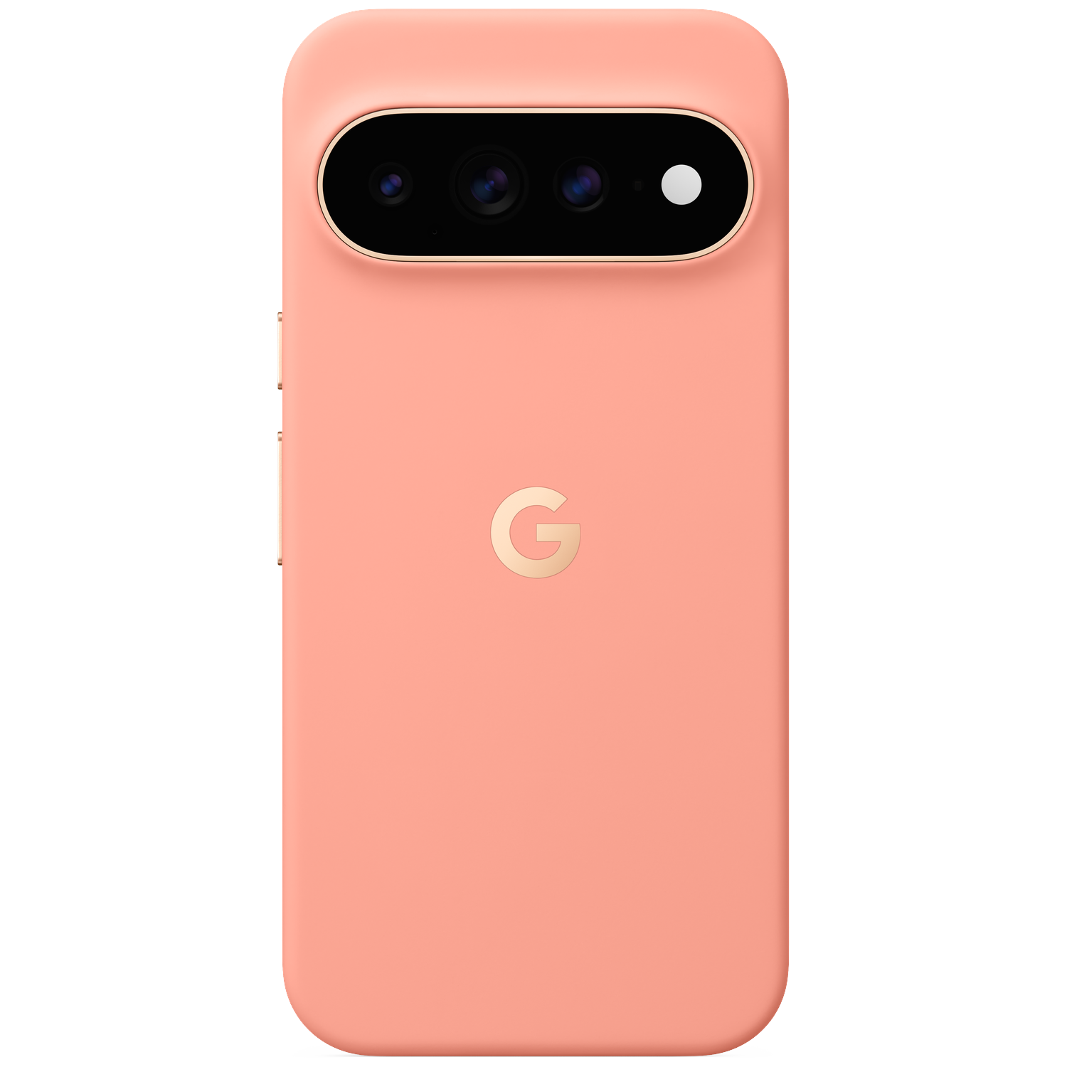 Achterkant van een perzikkleurige smartphone met horizontale driedubbele cameramodule en gouden Google-logo.