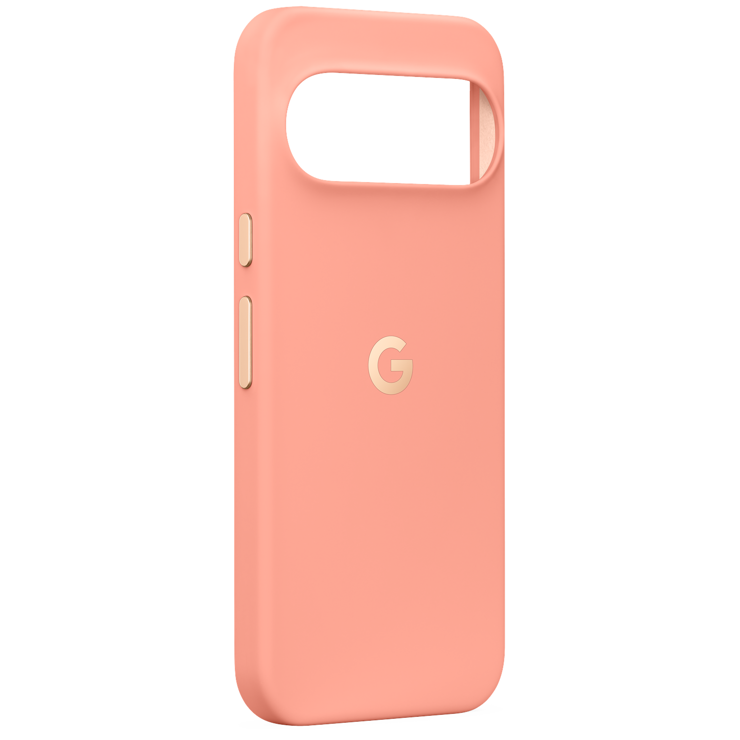 Een roze smartphonehoesje met een gouden Google-logo en bijpassende knoppen tegen een zwarte achtergrond.