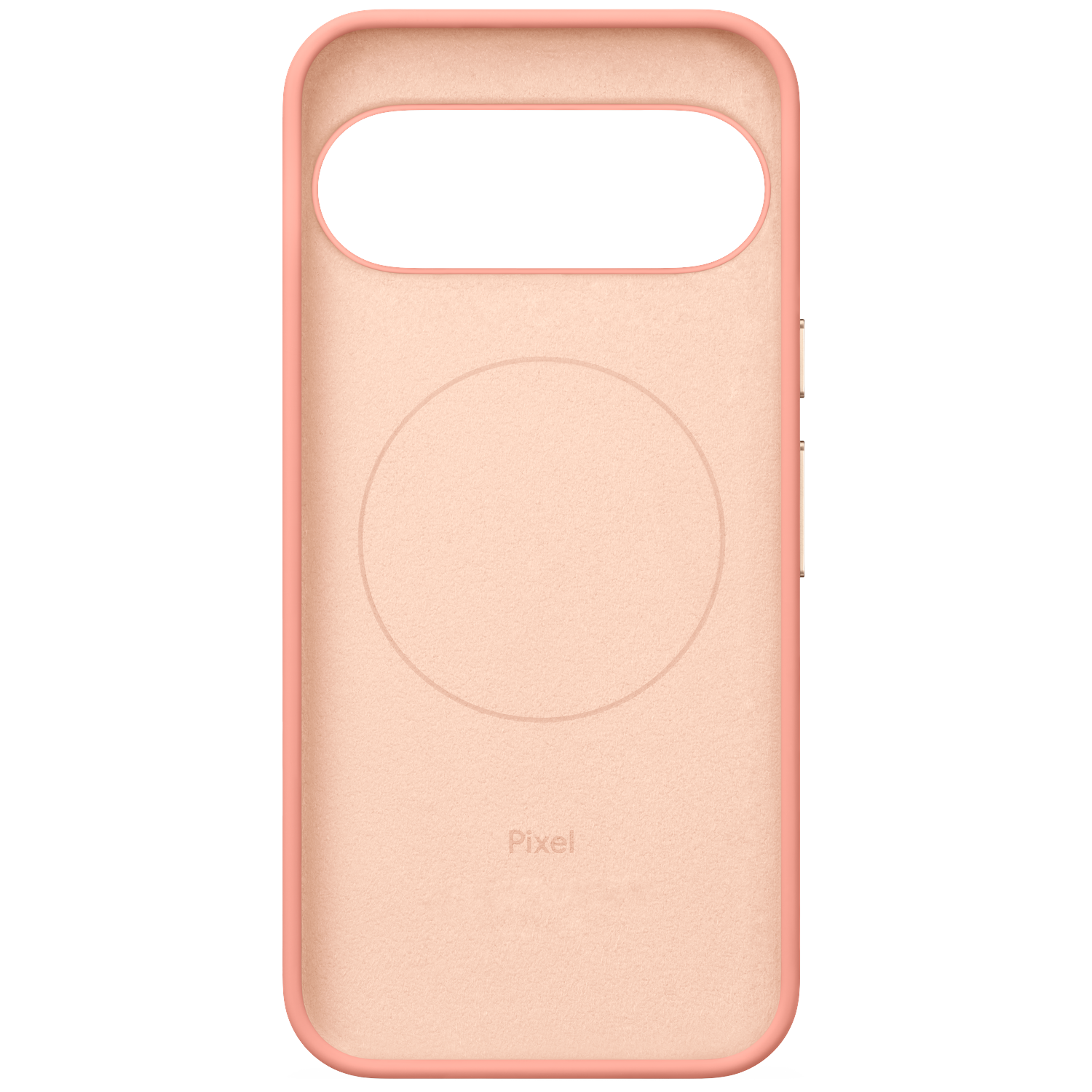 Roze smartphonehoesje binnenkant met camera-uitsparing, cirkel en Pixel-logo.