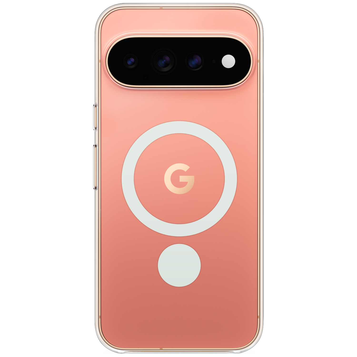 Roze smartphone in doorzichtige hoes met witte MagSafe-ring en Google-logo achterop.