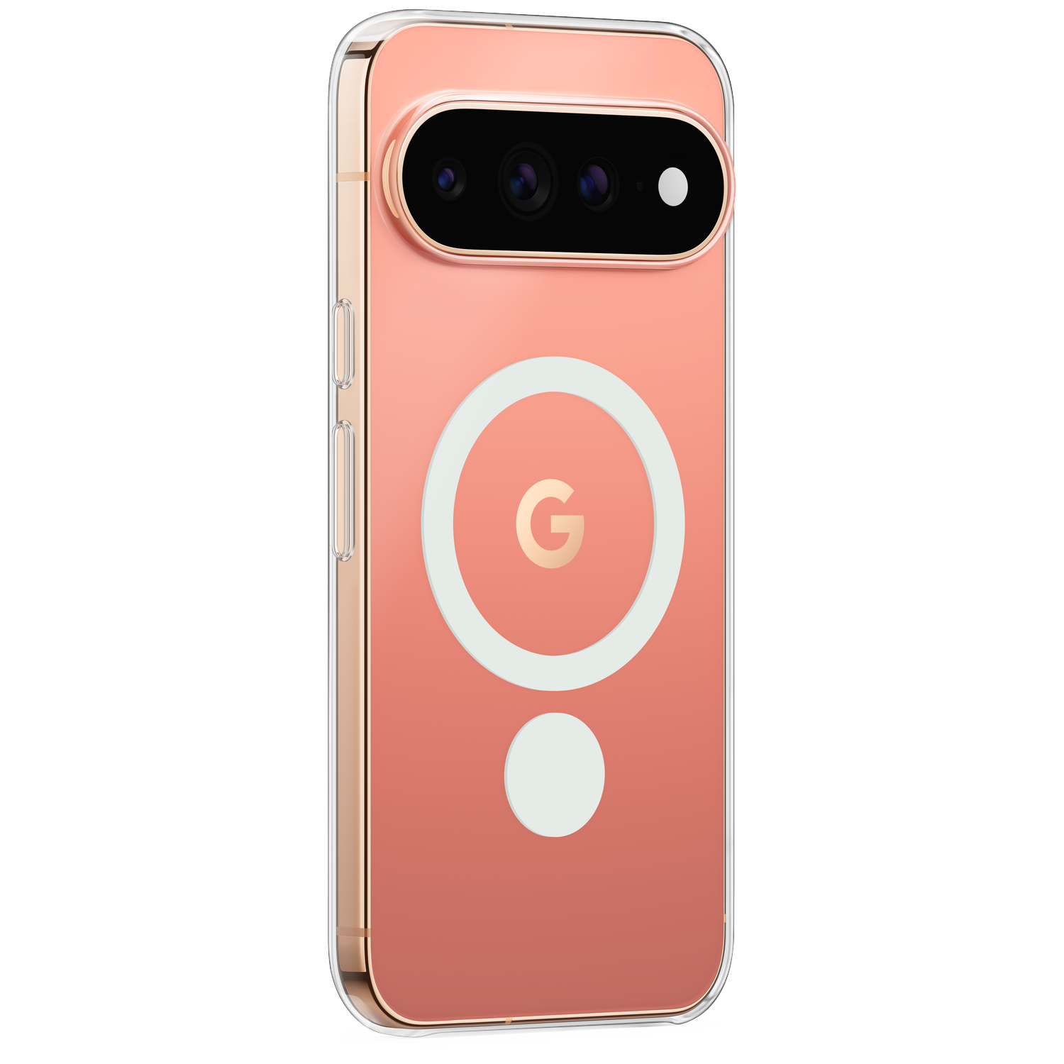 Achterkant van een roze smartphone in een doorzichtige hoes met wit cirkellogo op zwarte achtergrond.