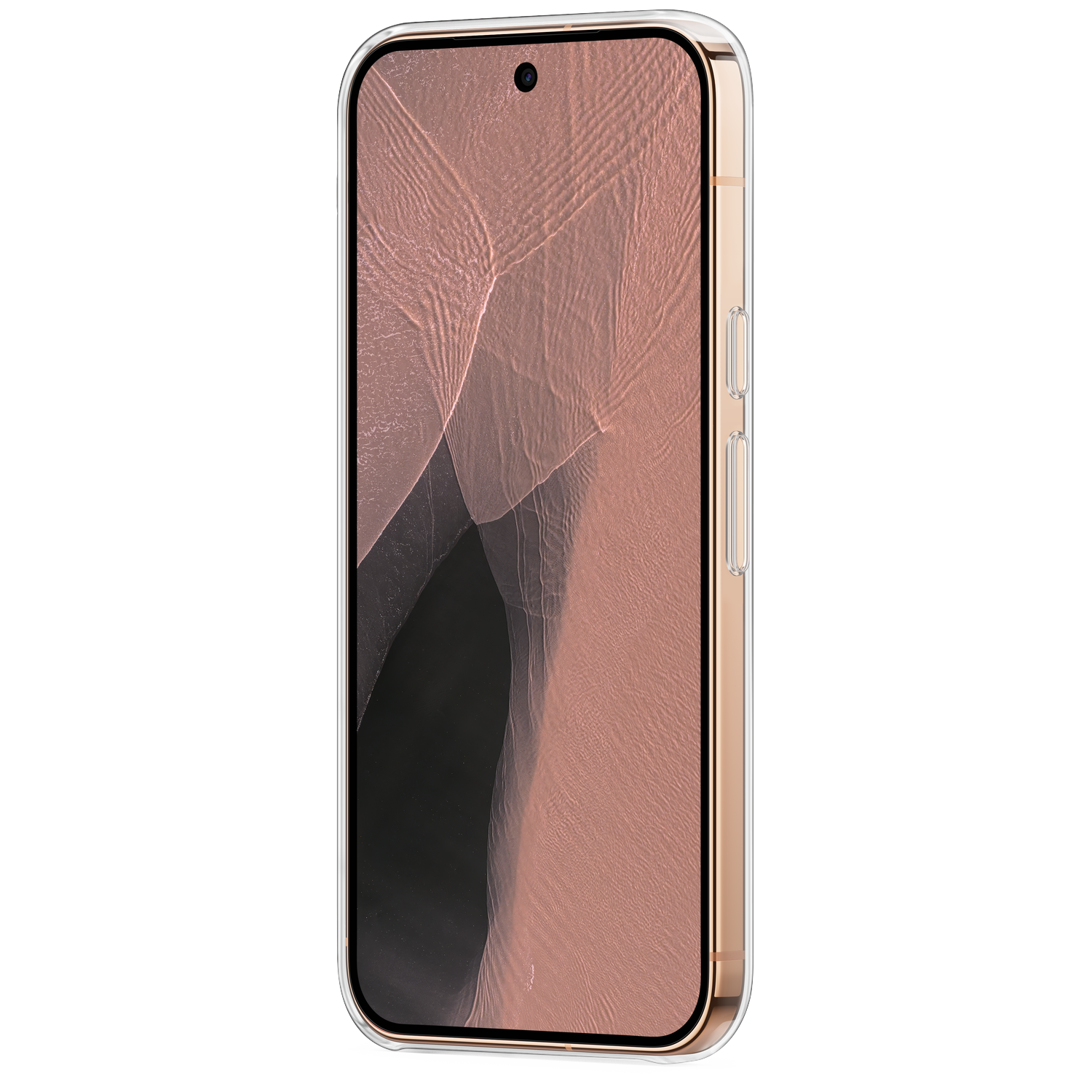 Een smartphone in een doorzichtige hoes met een roze golfpatroon op het scherm tegen een zwarte achtergrond.