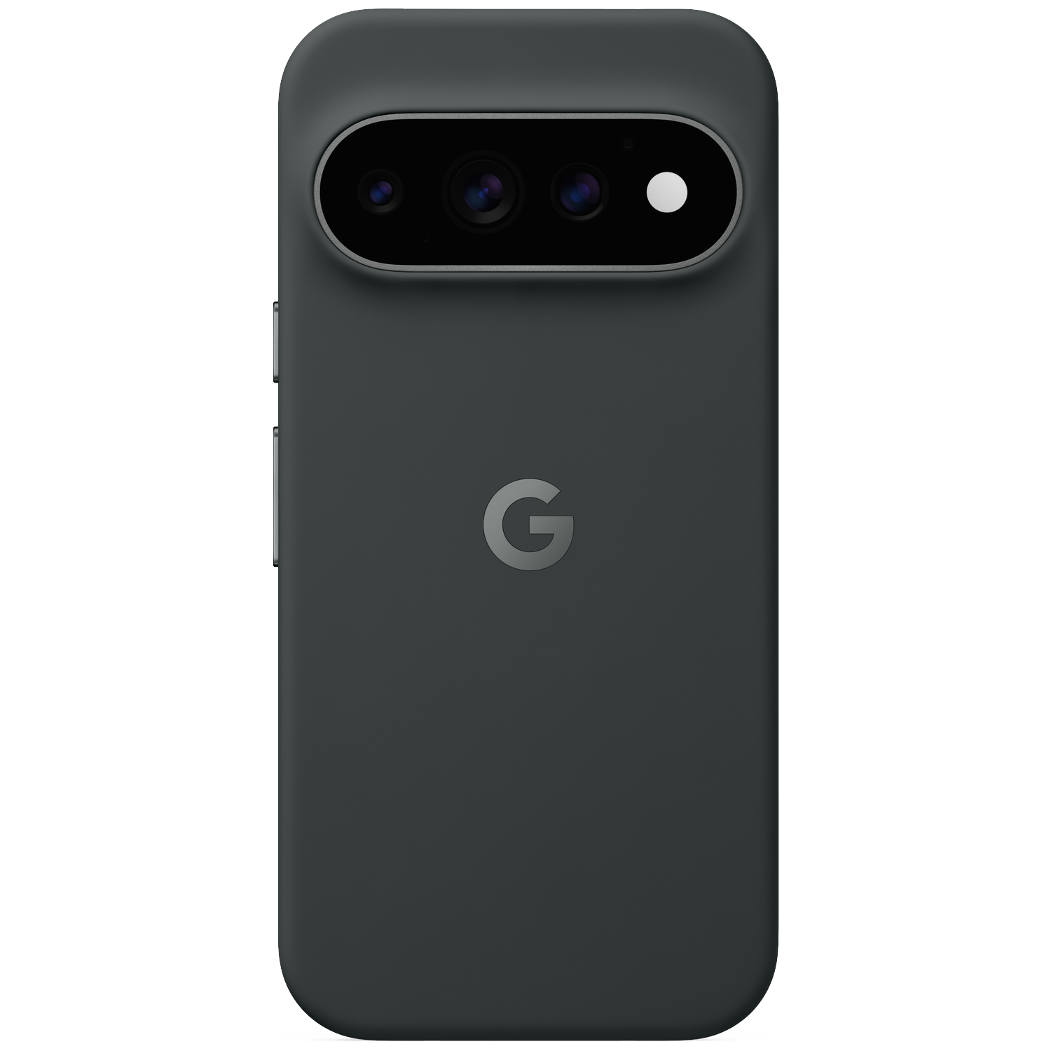 Dos de smartphone gris foncé avec triple appareil photo horizontal et logo Google sur fond noir.
