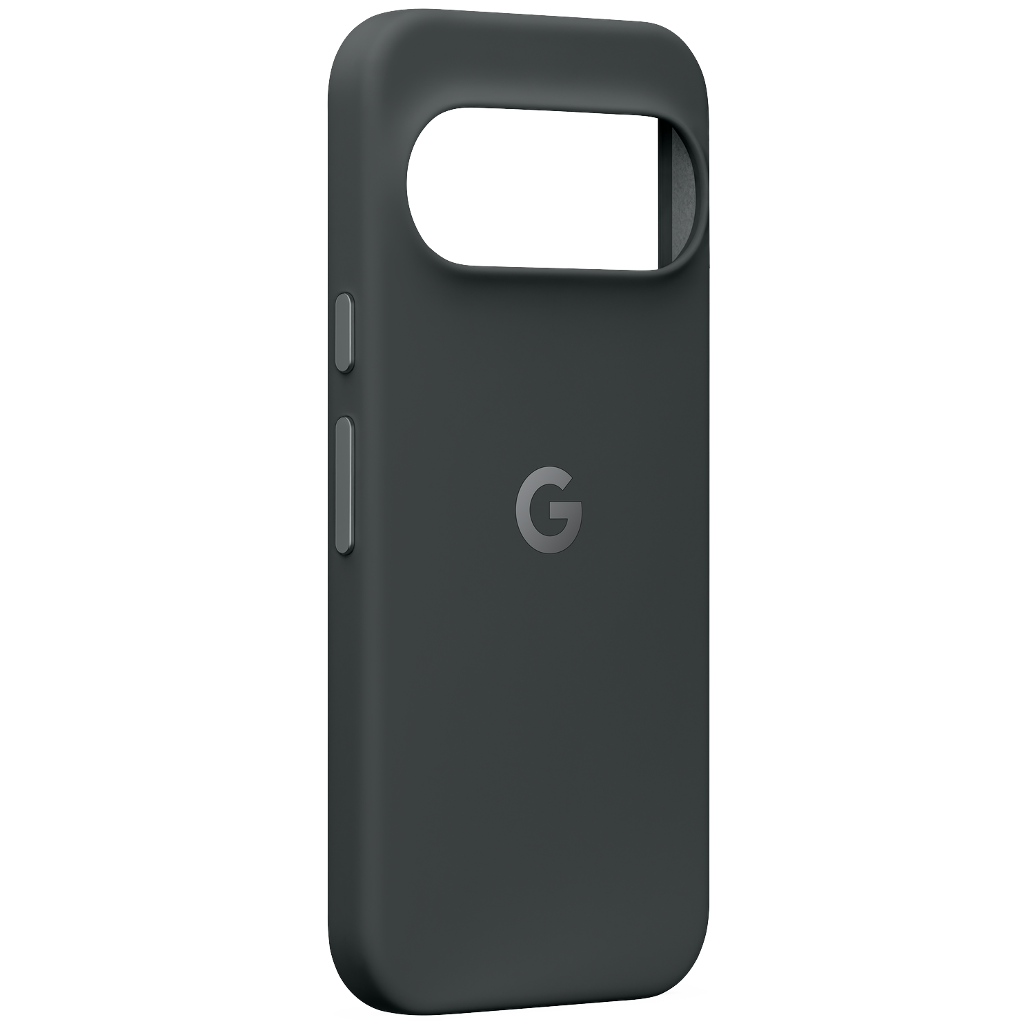 Coque de smartphone gris foncé avec découpe pour appareil photo et logo Google sur fond noir.