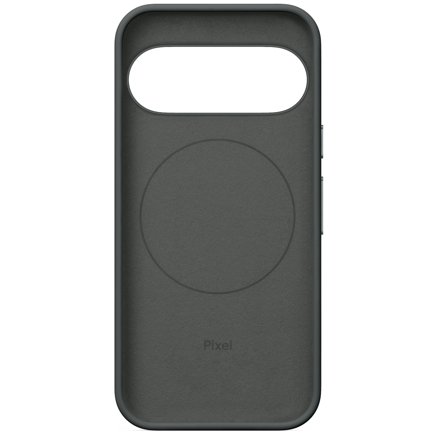 Une coque de smartphone grise avec un anneau circulaire et le logo Pixel à l'arrière.