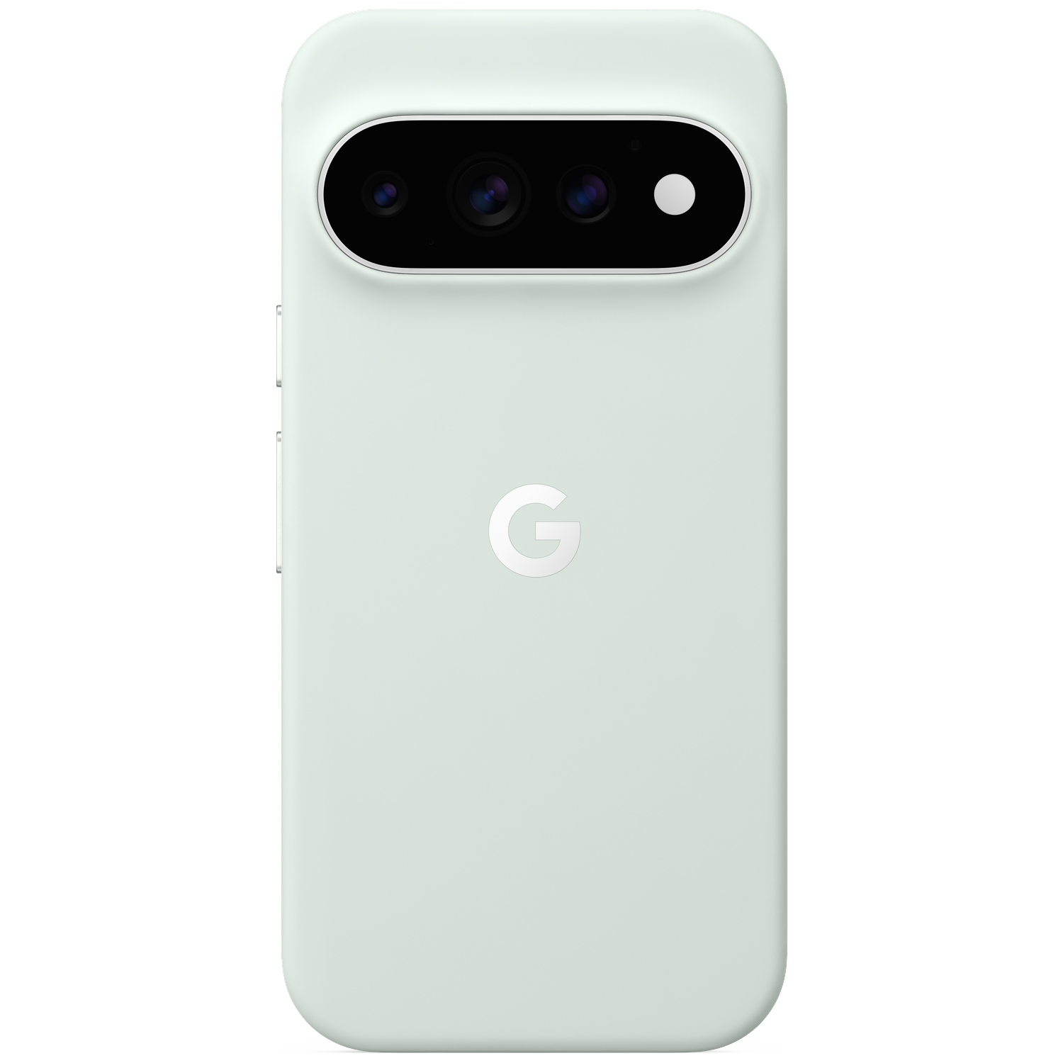Dos d'un smartphone vert clair avec un triple appareil photo horizontal et le logo Google au centre.