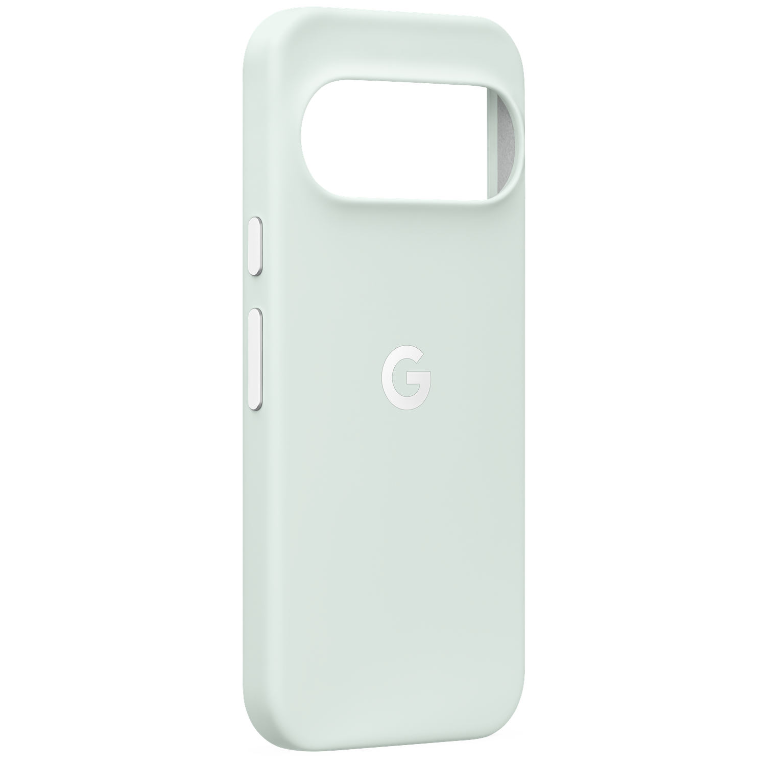 Coque de téléphone vert clair avec le logo Google à l'arrière et des découpes pour l'appareil photo et les boutons sur fond noir.