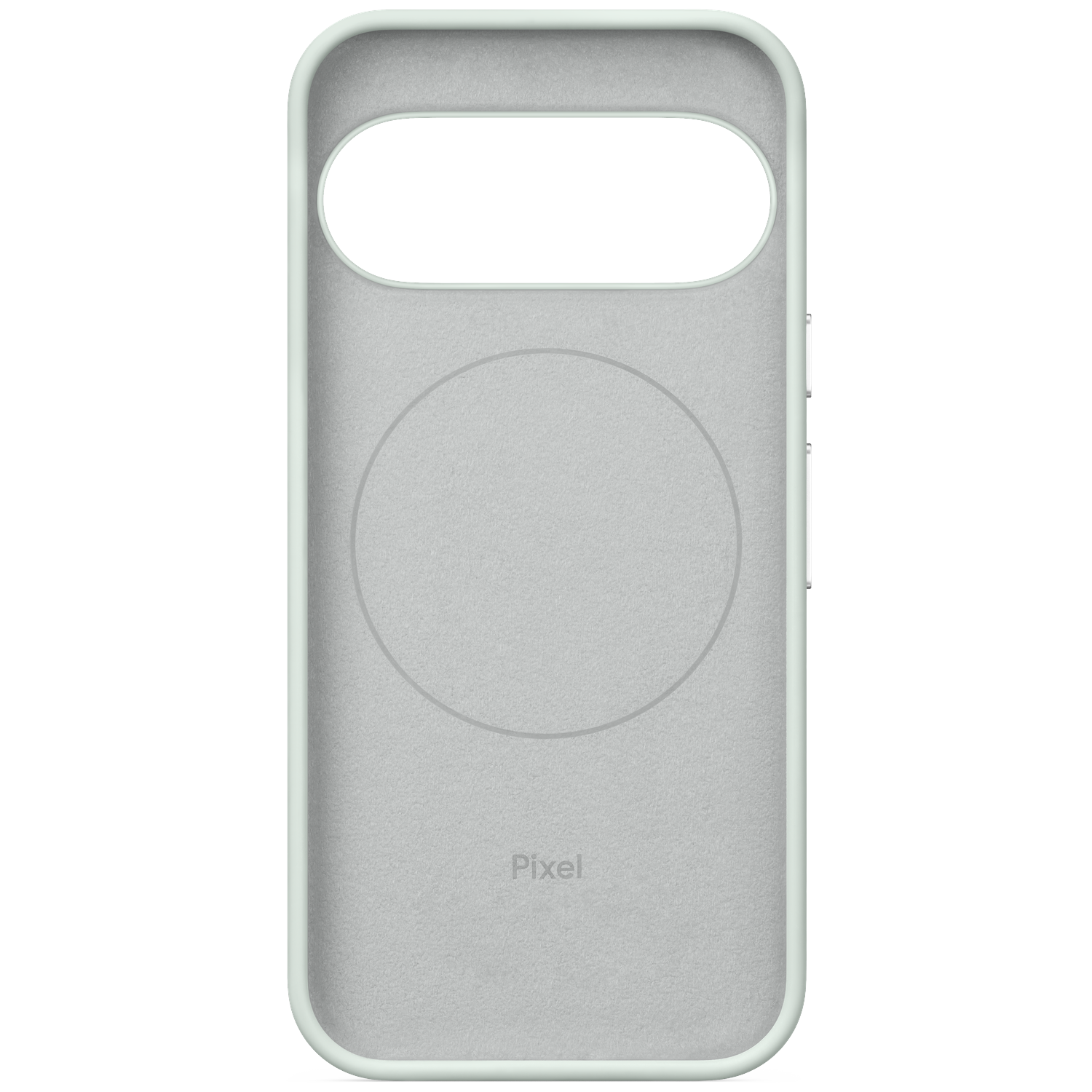 L'intérieur d'une coque de protection pour smartphone Google Pixel vert clair sur fond noir.