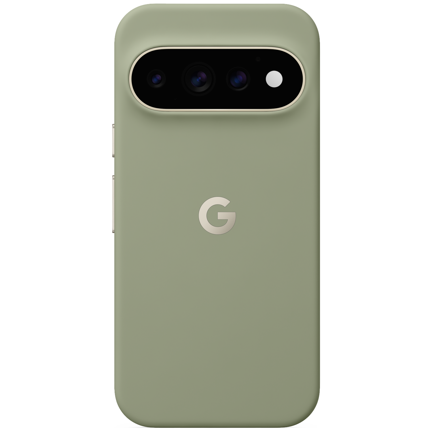 Dos d'un smartphone vert menthe avec une barre de caméra horizontale et un logo G argenté.