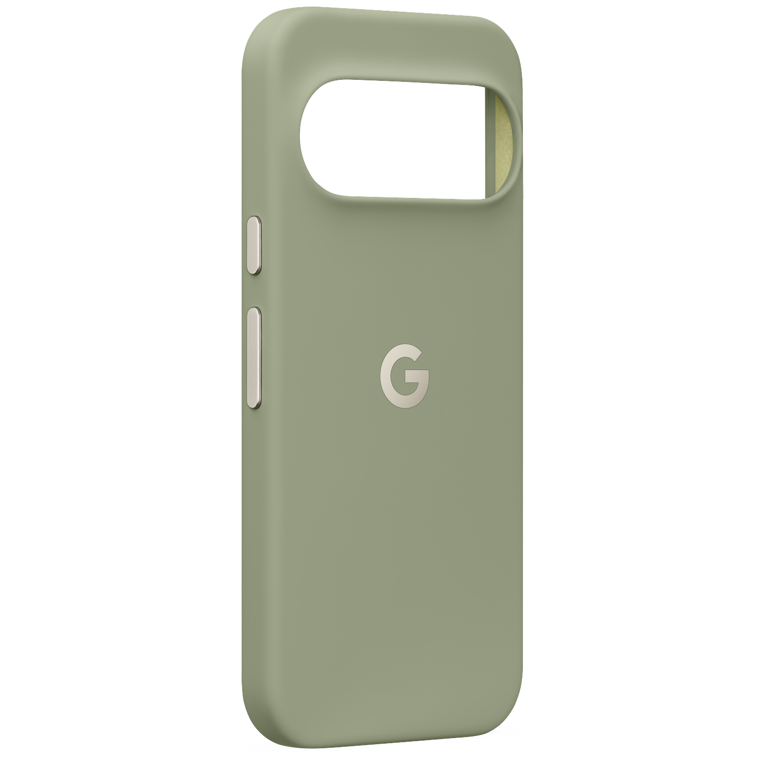 Une coque de smartphone vert sauge mat avec un logo Google argenté et des boutons, sur fond noir.