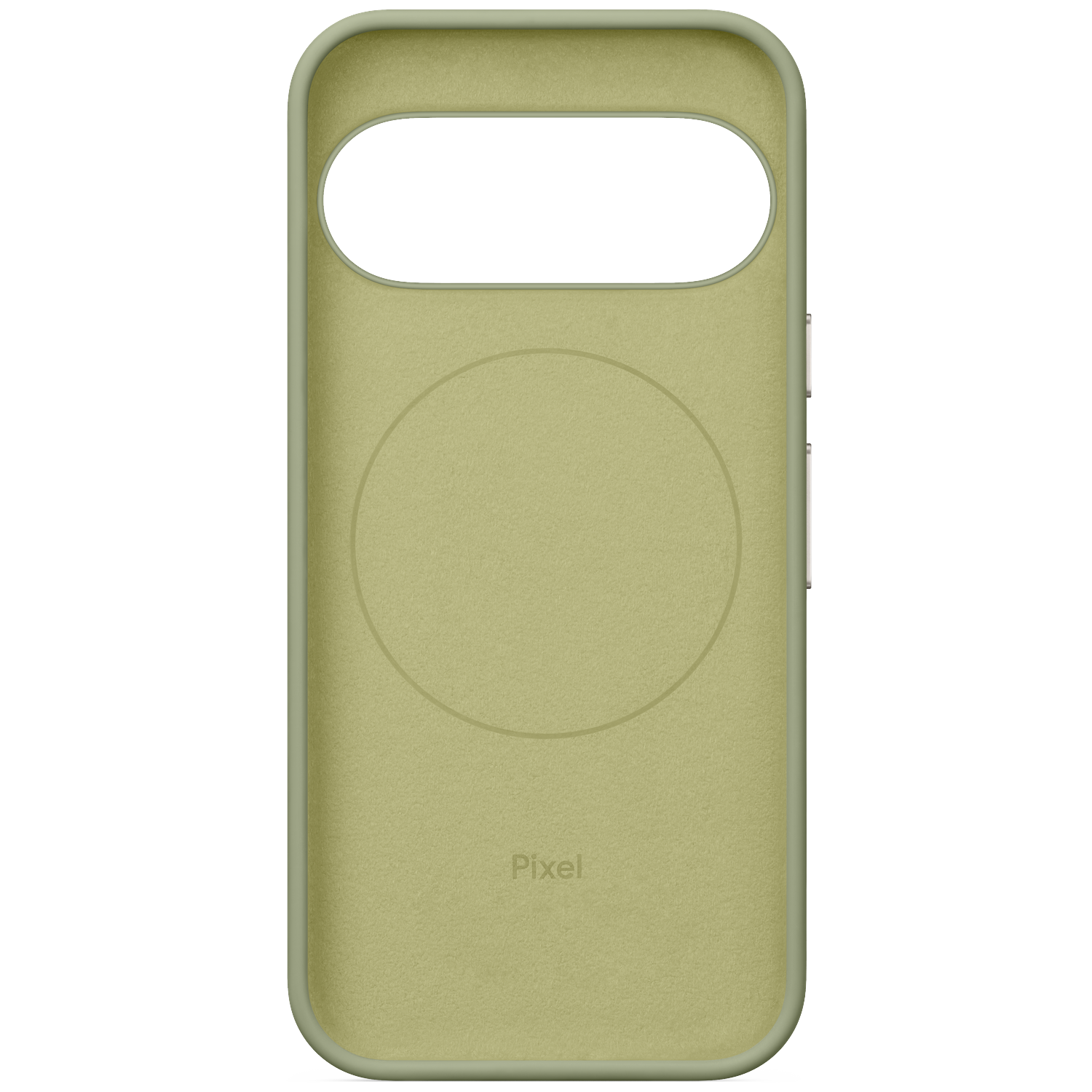 Intérieur d'une coque de téléphone Pixel vert clair avec un aimant circulaire et une découpe pour appareil photo.