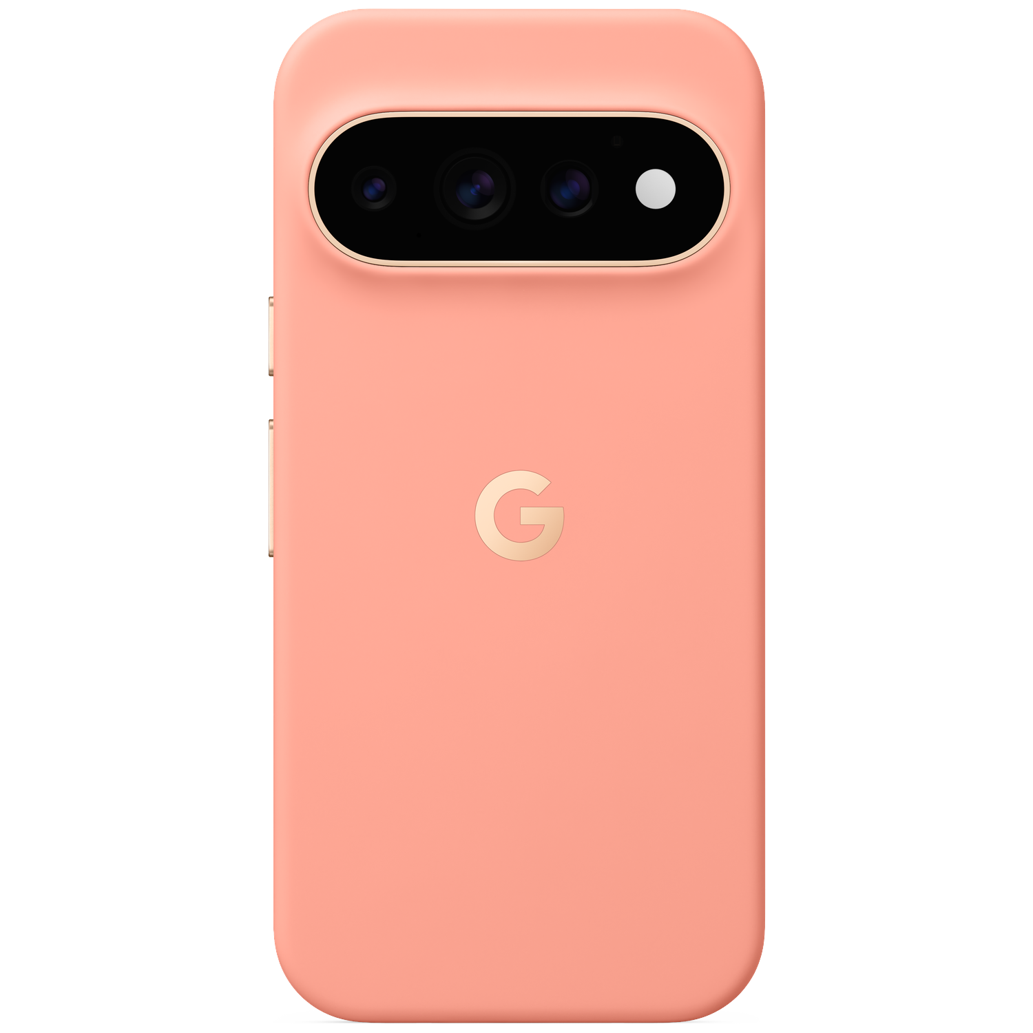 Dos d'un smartphone couleur pêche avec une barre de caméra horizontale et un logo G doré sur fond noir.