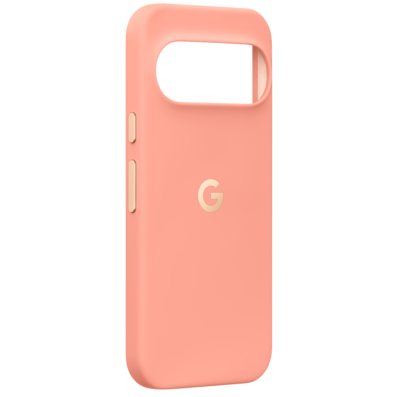 Une coque de smartphone rose avec le logo Google et des découpes précises sur fond noir.