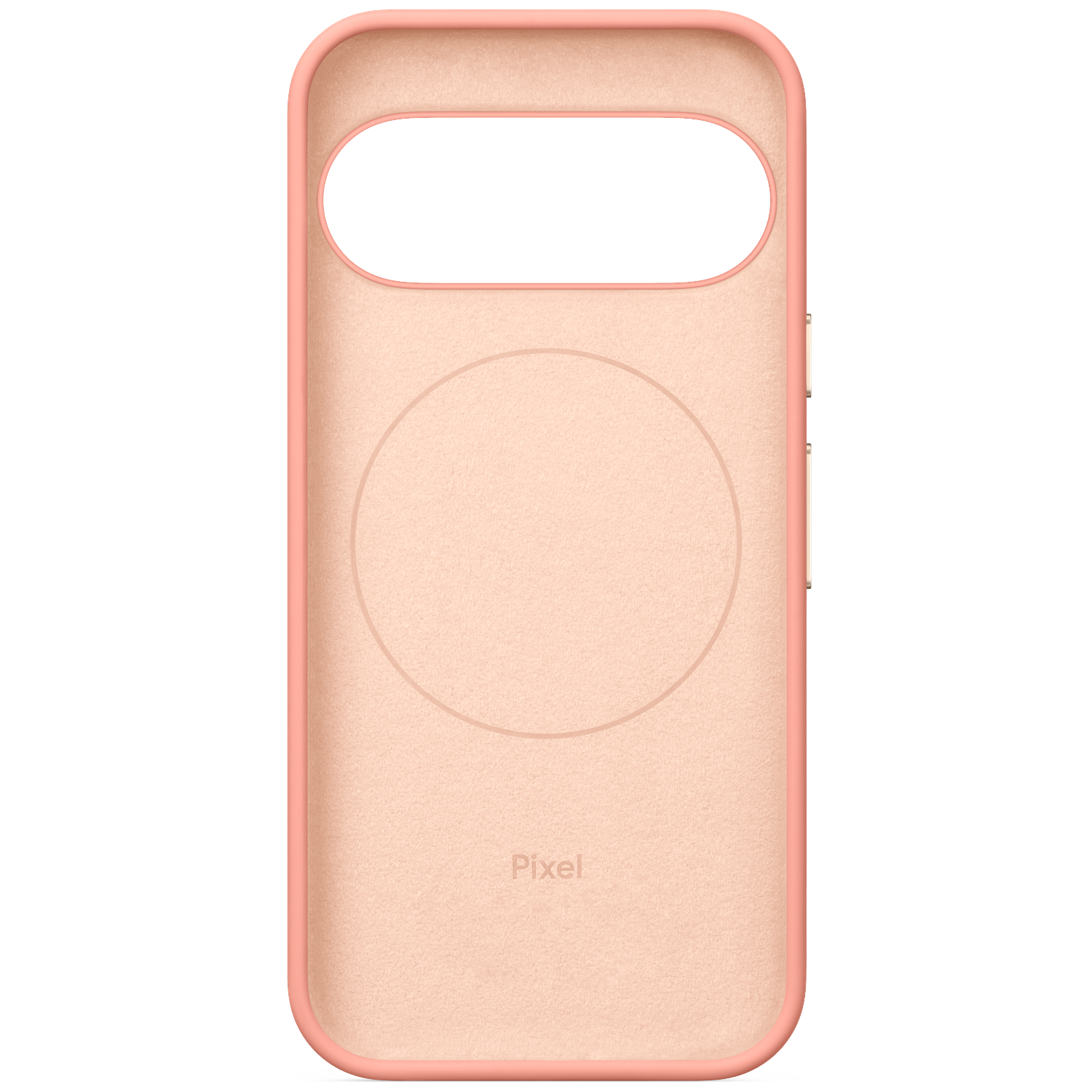 Vue intérieure d'une coque de téléphone Pixel rose avec une empreinte magnétique et la marque Pixel.