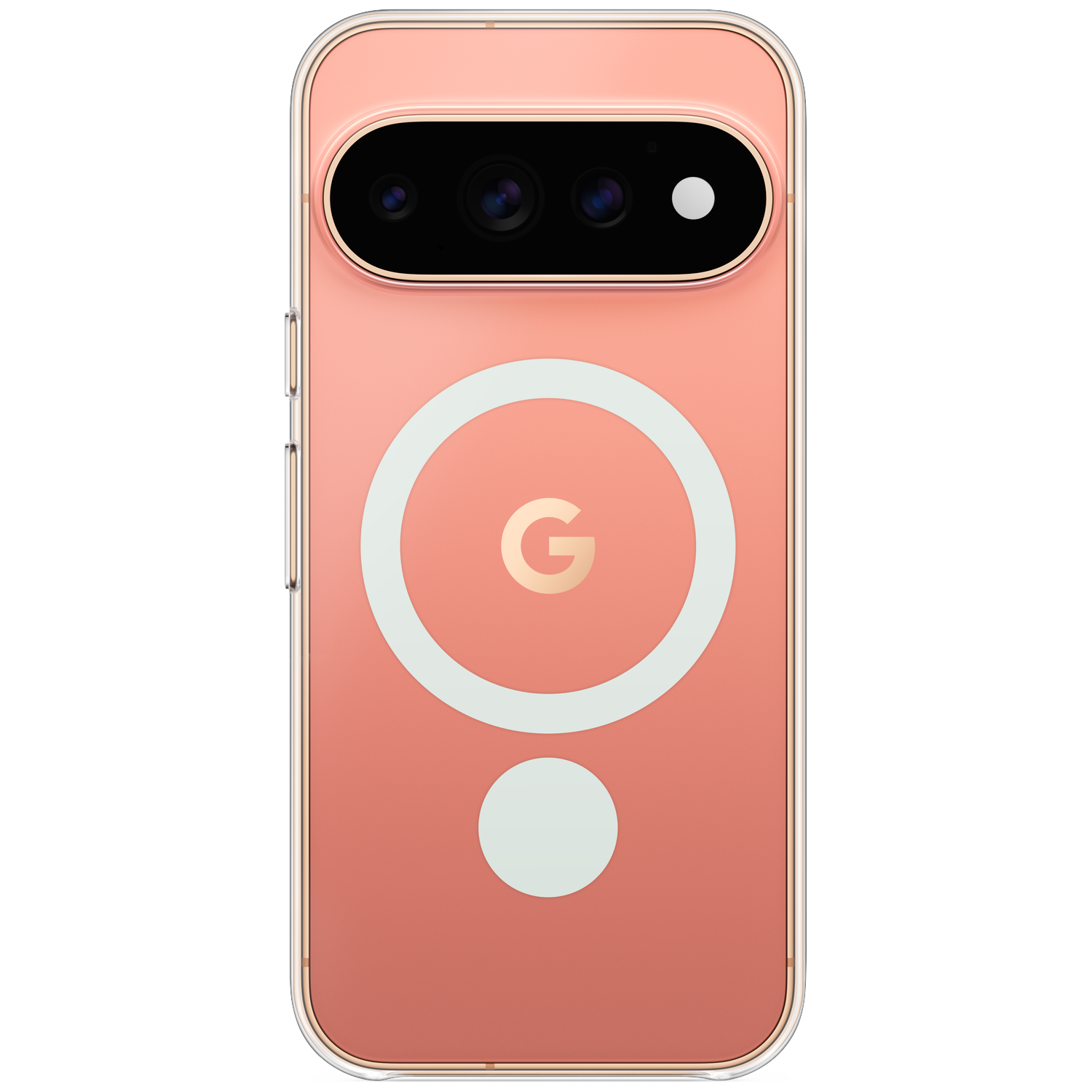 Dos d'un smartphone rose avec coque transparente, module photo, anneau magnétique blanc et logo Google sur fond noir.