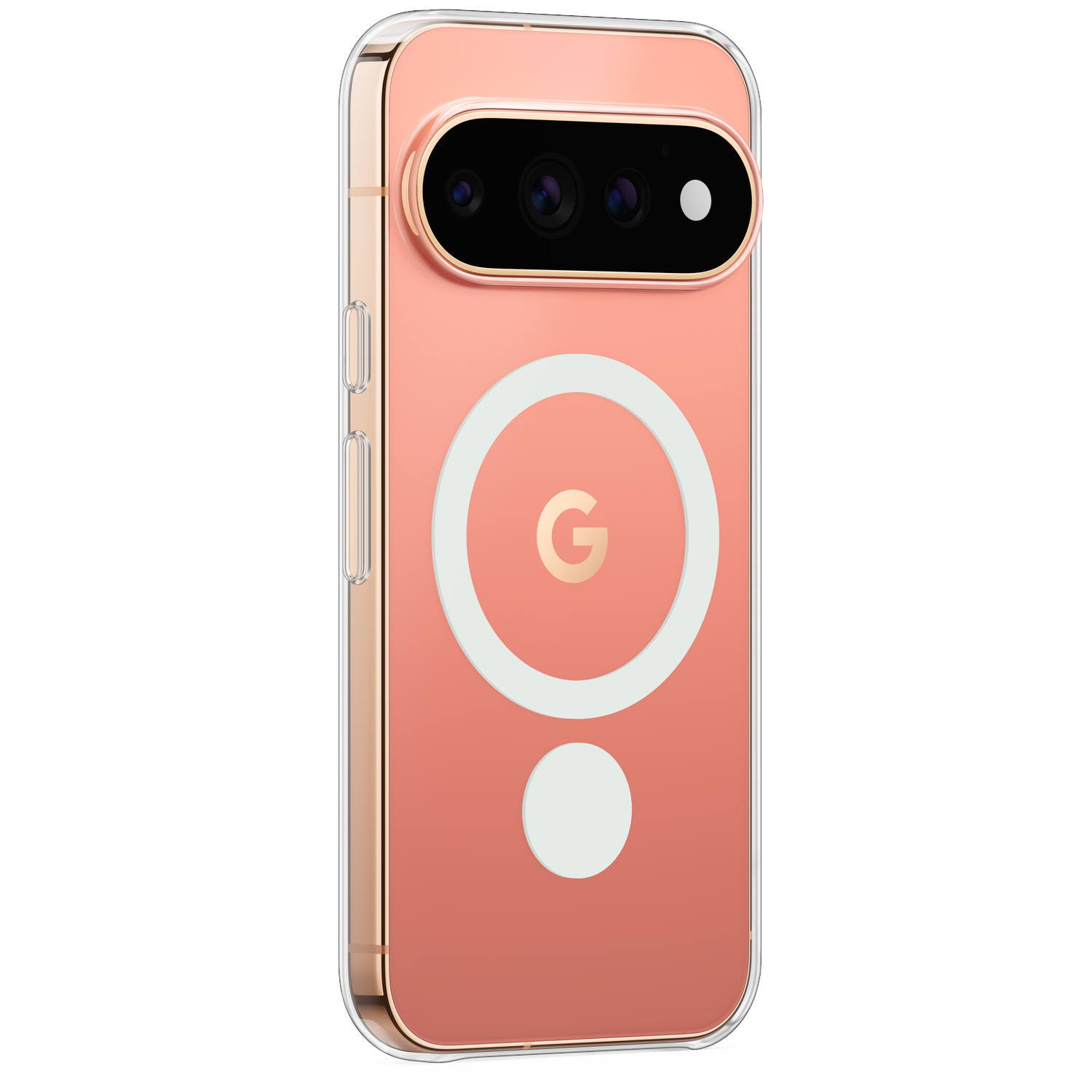 Dos d'un smartphone rose avec coque transparente, anneau magnétique blanc, logo Google et trois objectifs de caméra.