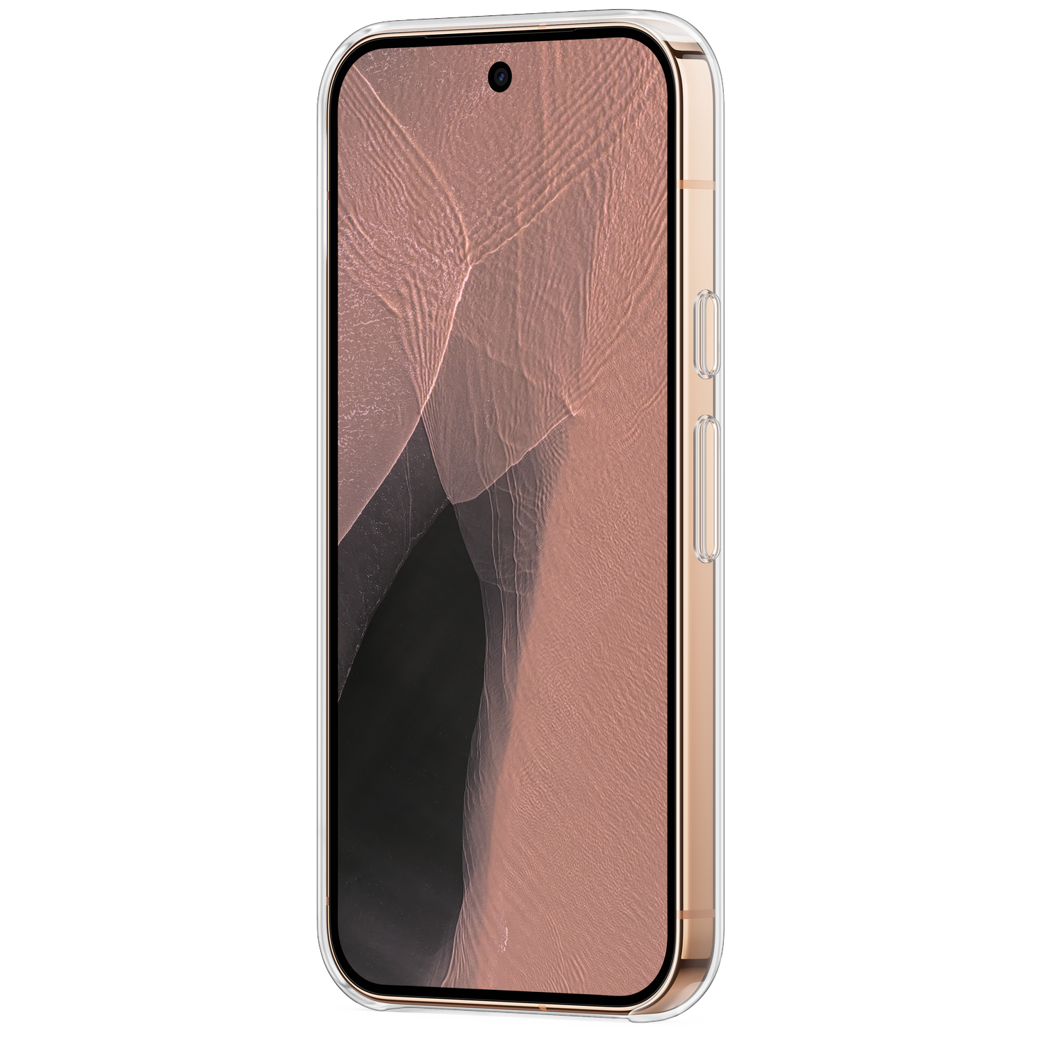 Un smartphone doré avec une coque transparente et un fond d'écran rose sur fond noir.
