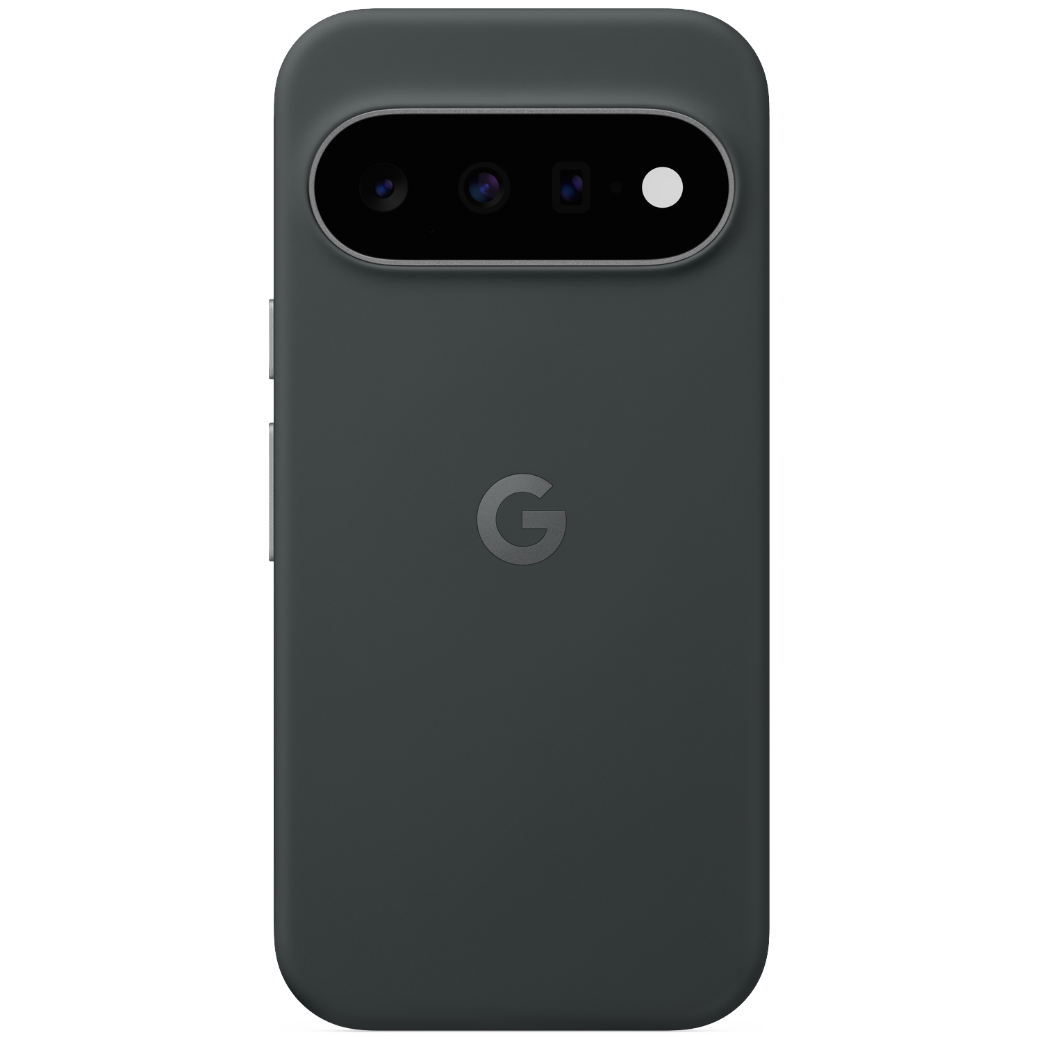 Back of a dark smartphone with Google logo and horizontal camera module.