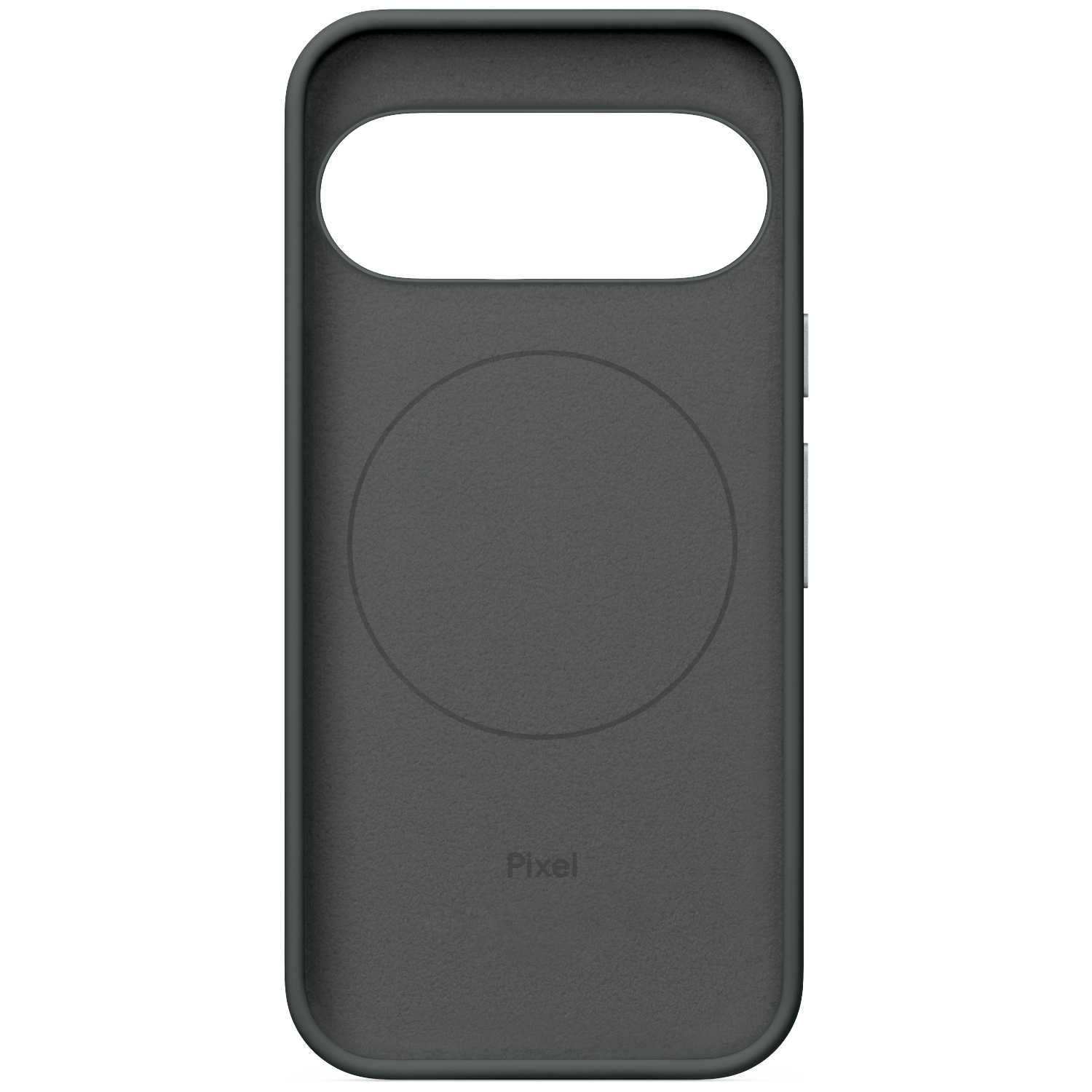 Dark grey Pixel phone case, interior view with a round mark.