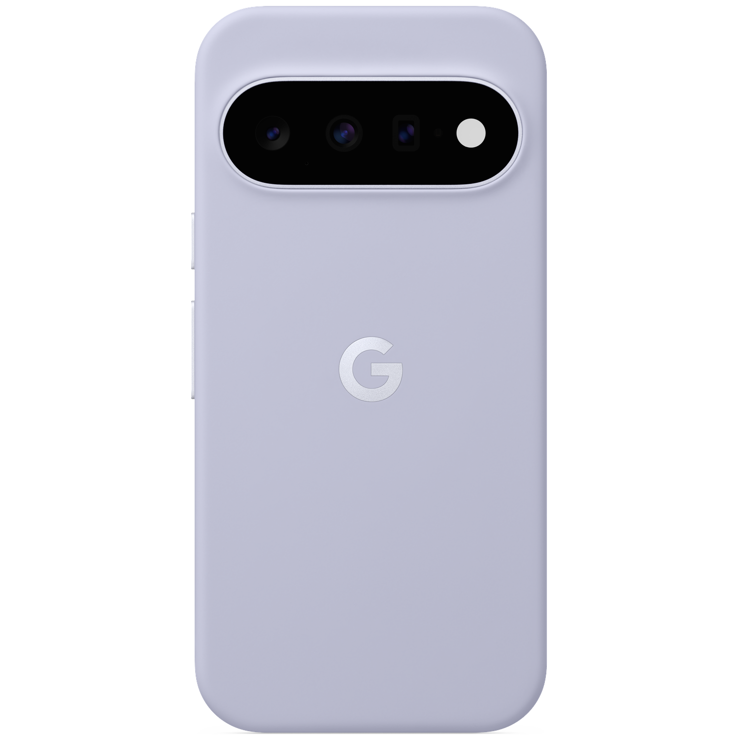 Back of a light purple smartphone with a horizontal camera module and Google logo.