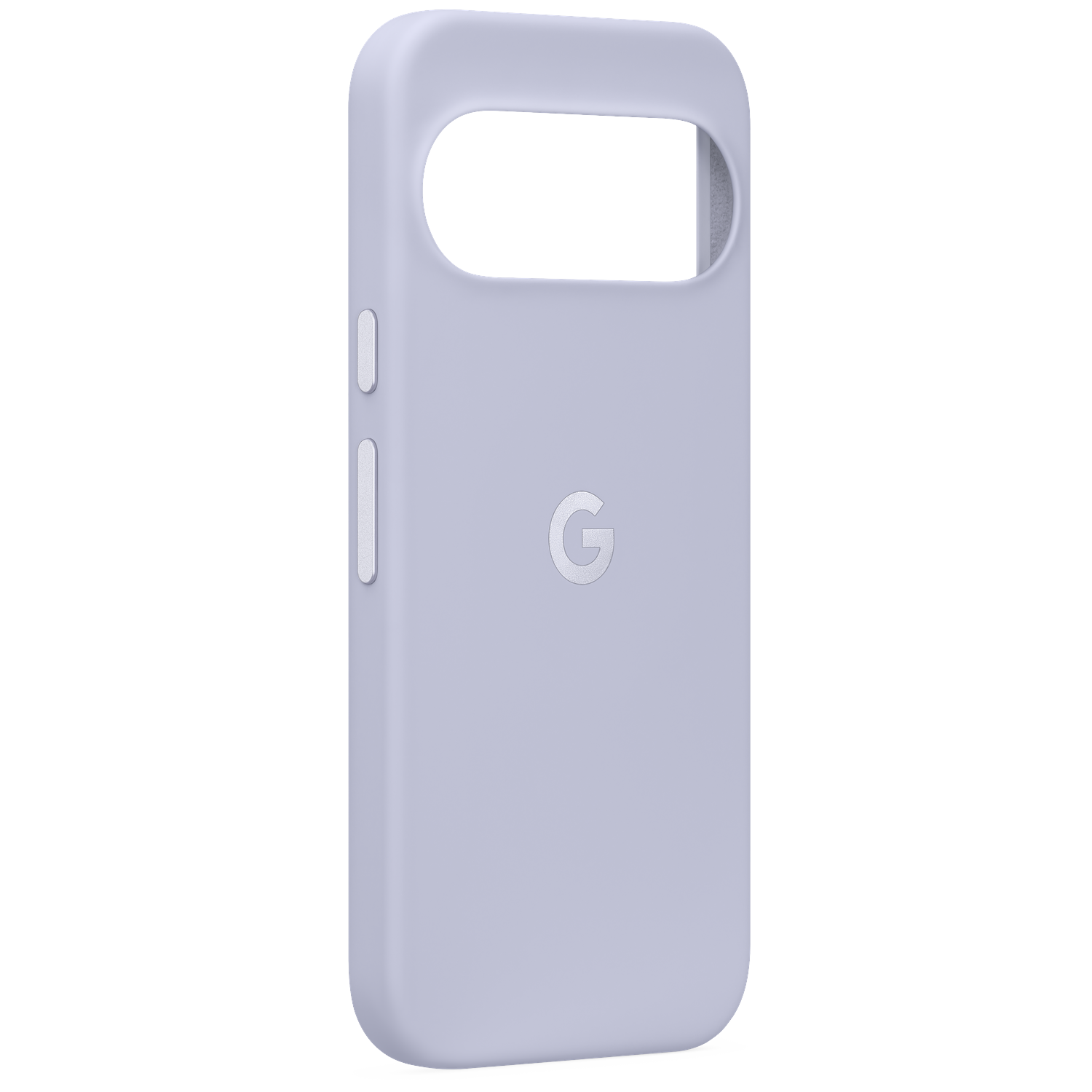 A light blue Google phone case with the G logo and side buttons.