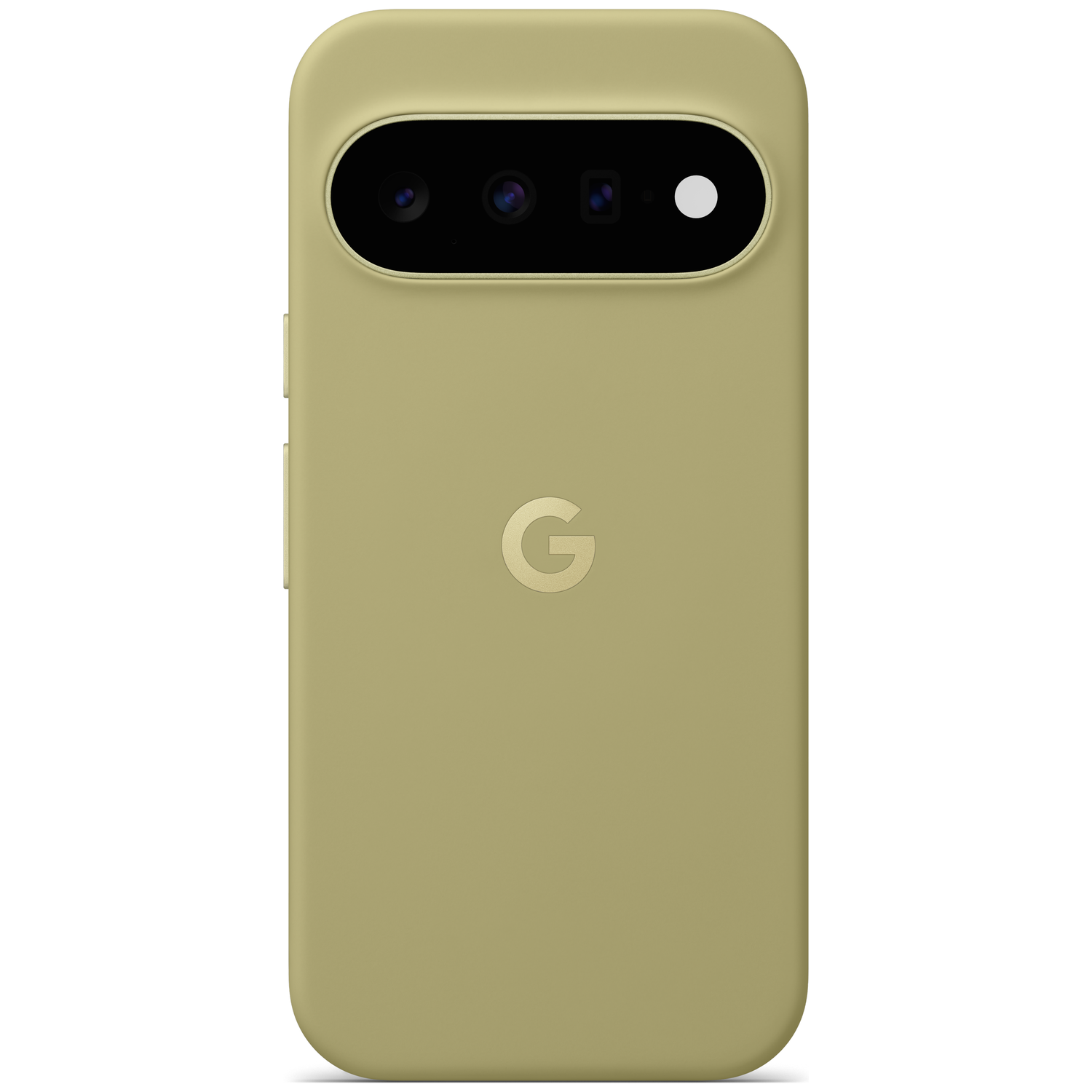 Olive green smartphone back with horizontal triple camera bar and Google logo.
