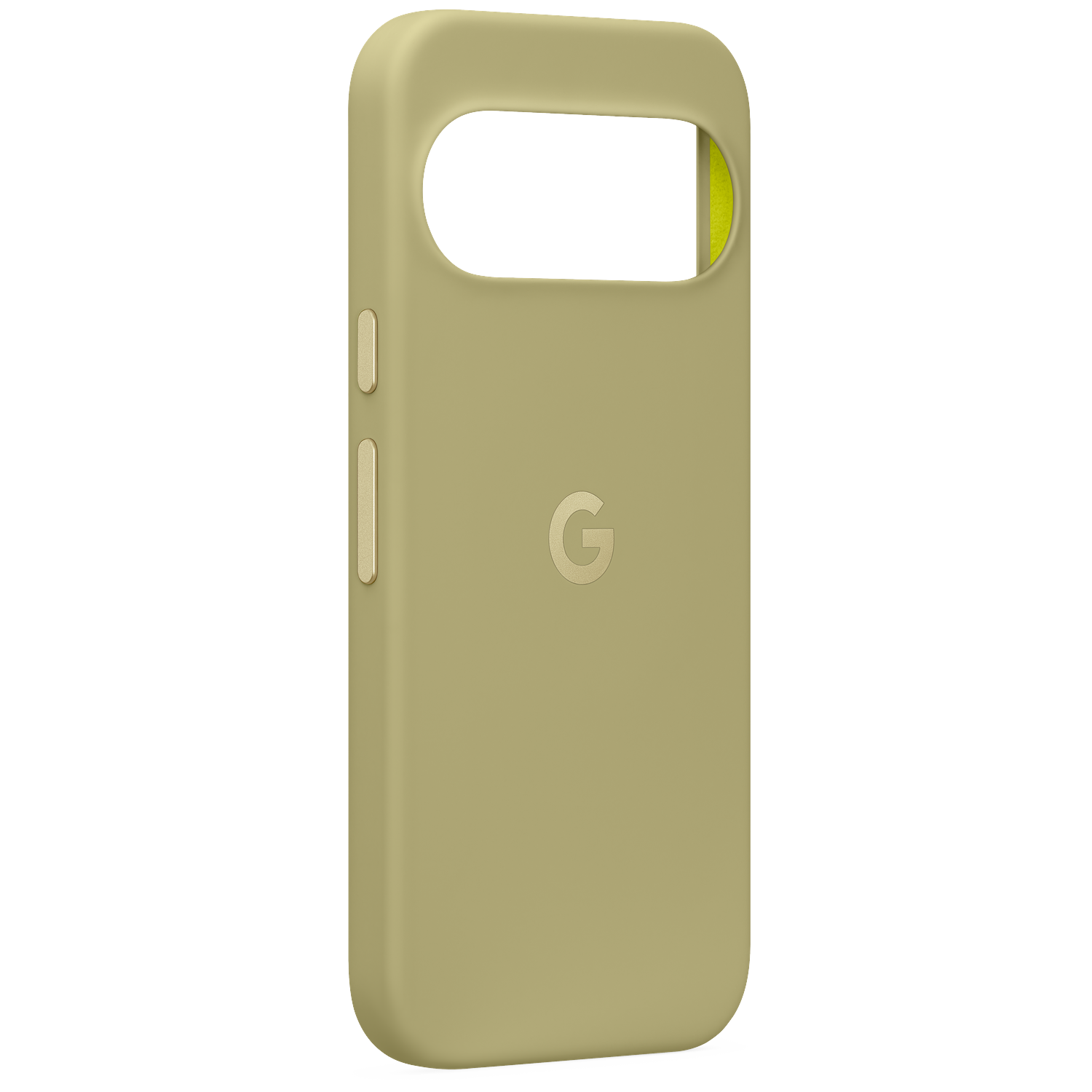 A matte yellow smartphone case featuring a Google logo and camera cutout against a black background.