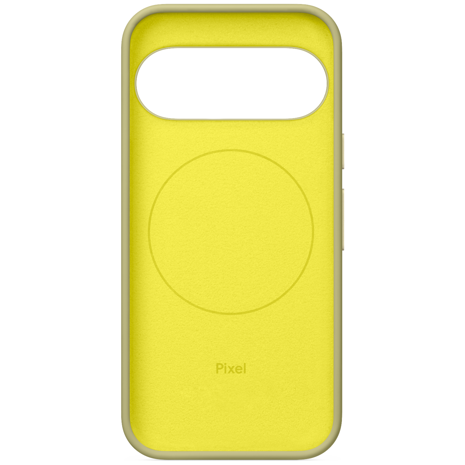 Yellow Google Pixel protective case with a circular indent and Pixel logo.