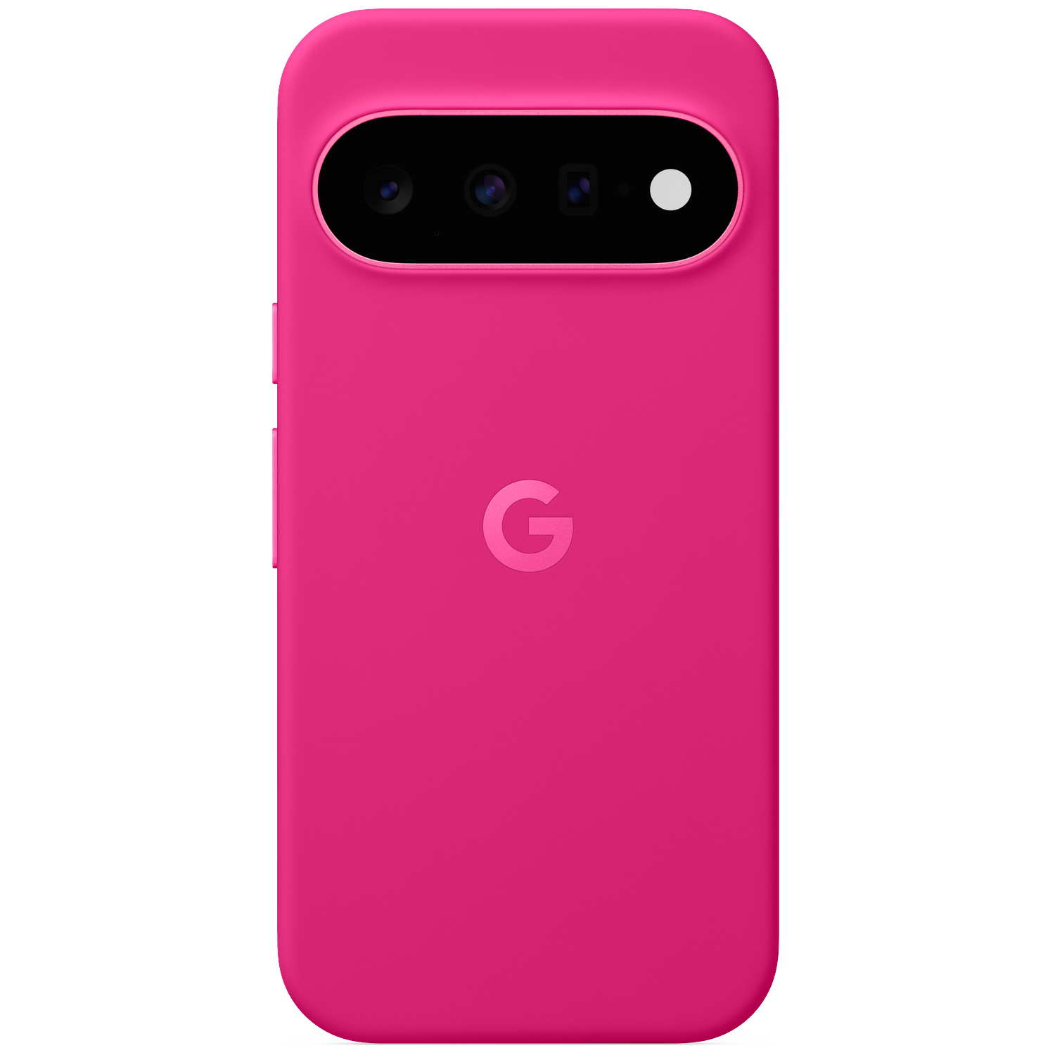 A bright pink smartphone back with a horizontal triple camera bar and Google logo against a black background.