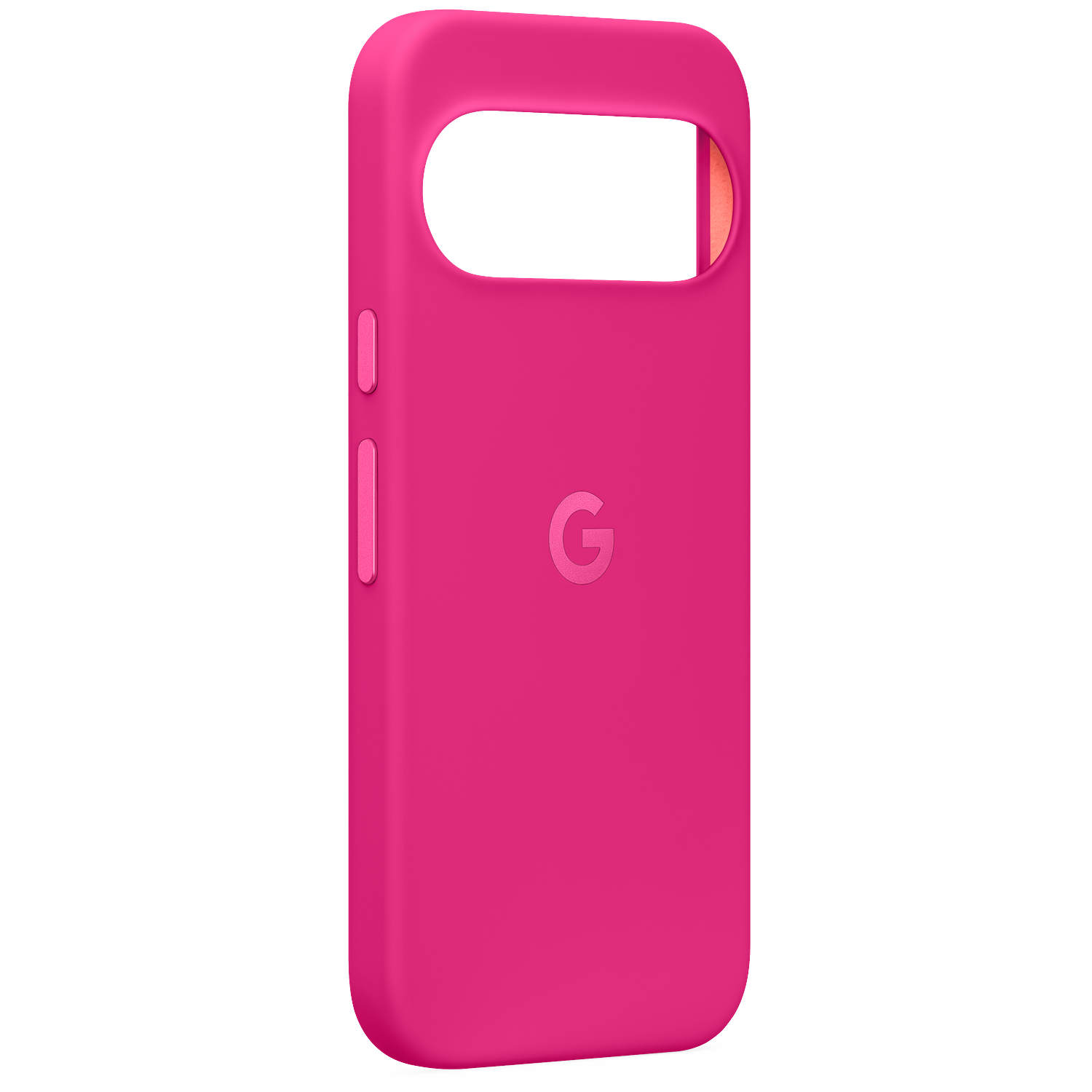 A bright pink smartphone case with a Google logo on the back and side buttons visible against a black background.