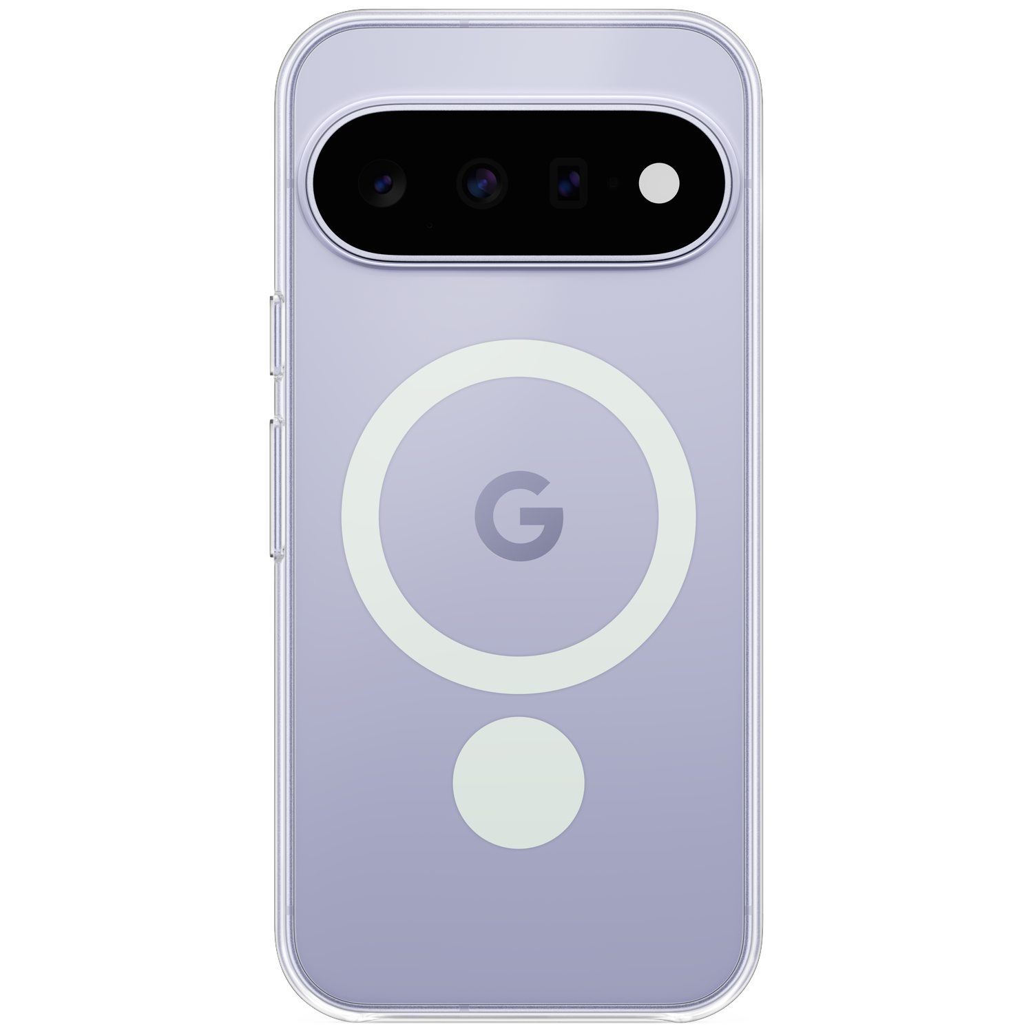 Back of a light purple smartphone in a clear case, featuring a magnetic ring and camera module at the top.