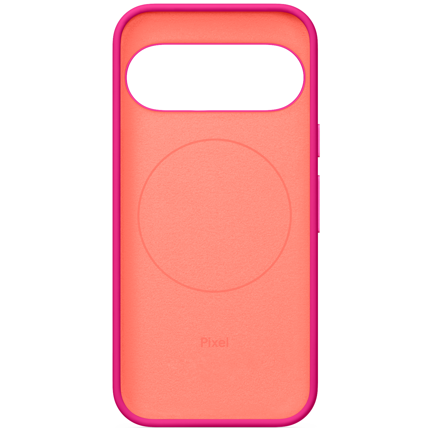 A pink and peach smartphone case with a camera cutout and circular logo on the back, shown against a black background.
