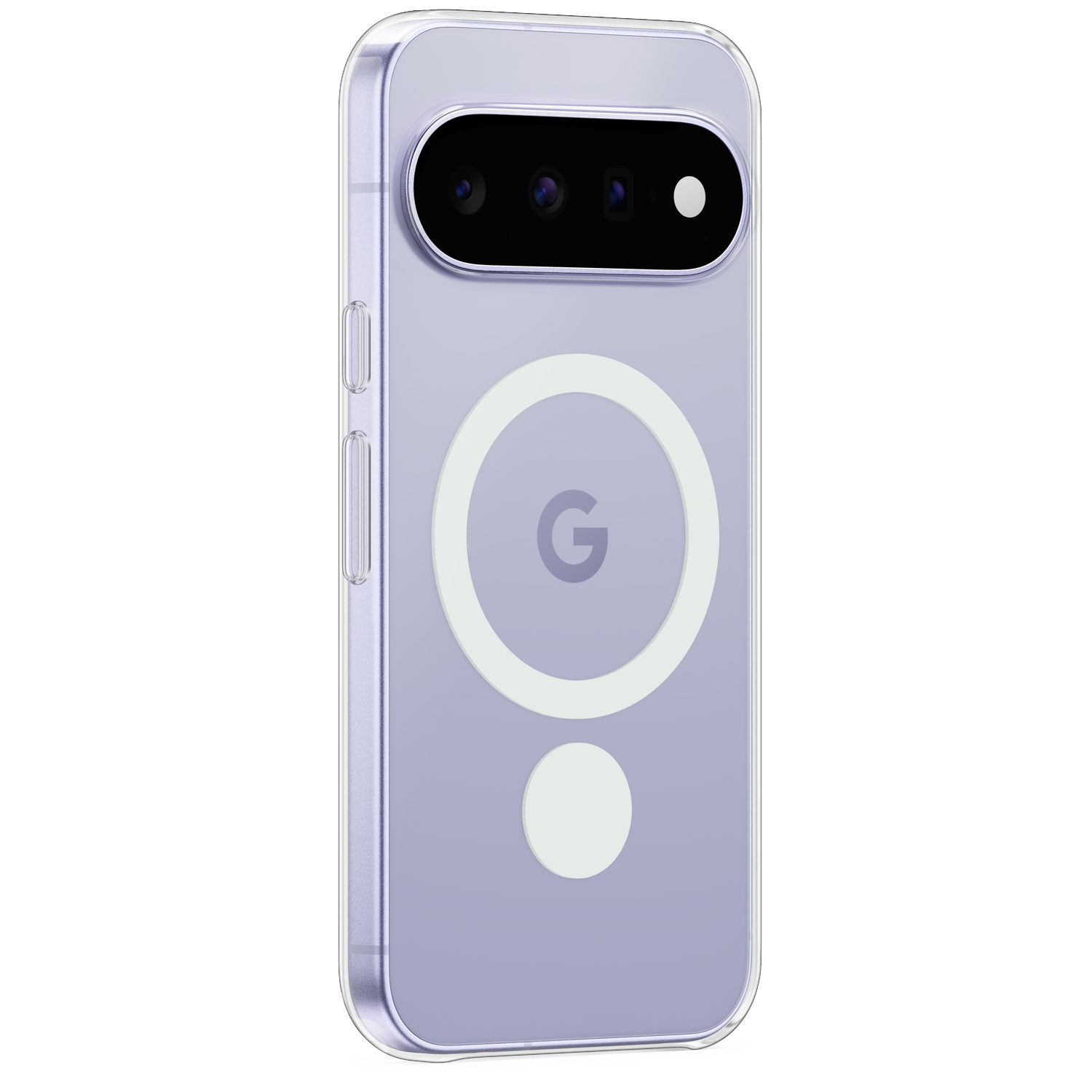 Back of a light purple smartphone in a clear protective case with a magnetic ring, on a black background.