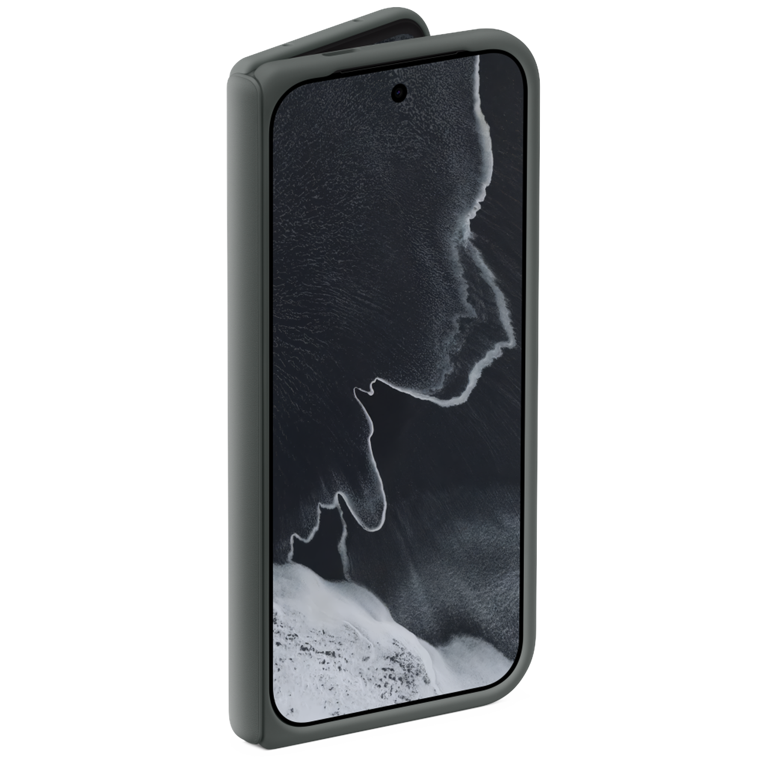 Een smartphone in een grijs hoesje met zwart-wit abstract golvend behang.