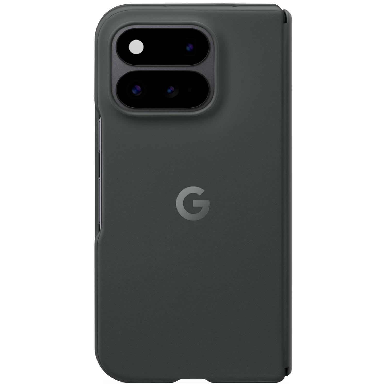 Achterkant van een donkere opklapbare telefoon met rechthoekige cameramodule boven en Google-logo in het midden.