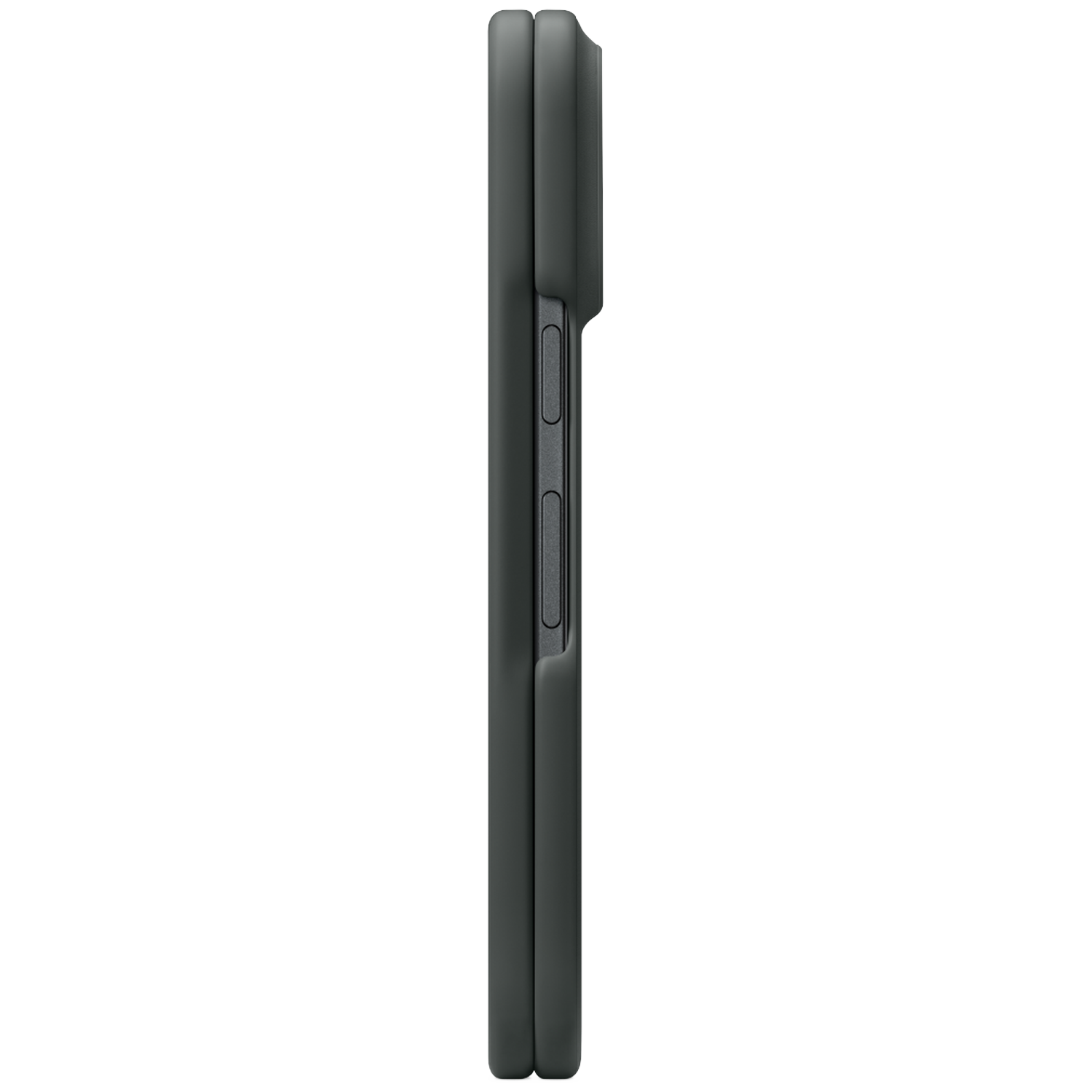 Zijaanzicht van een gesloten zwarte smartphone met fysieke knoppen tegen een zwarte achtergrond.