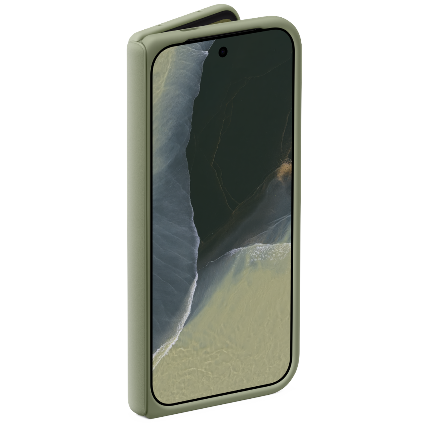 Een lichtgroene opvouwbare smartphone in open stand, met een abstract luchtfoto-achtergrond.