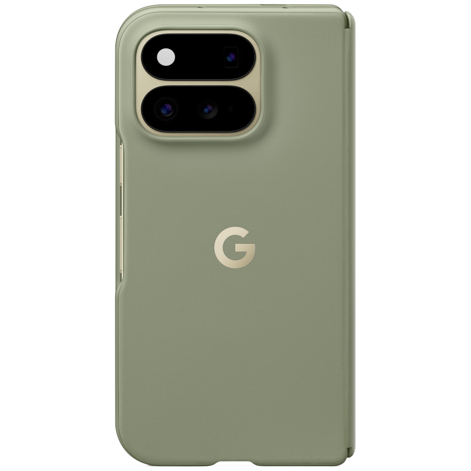Een matgroene opvouwbare smartphone met gouden accenten, een ovale cameramodule en het Google-logo.