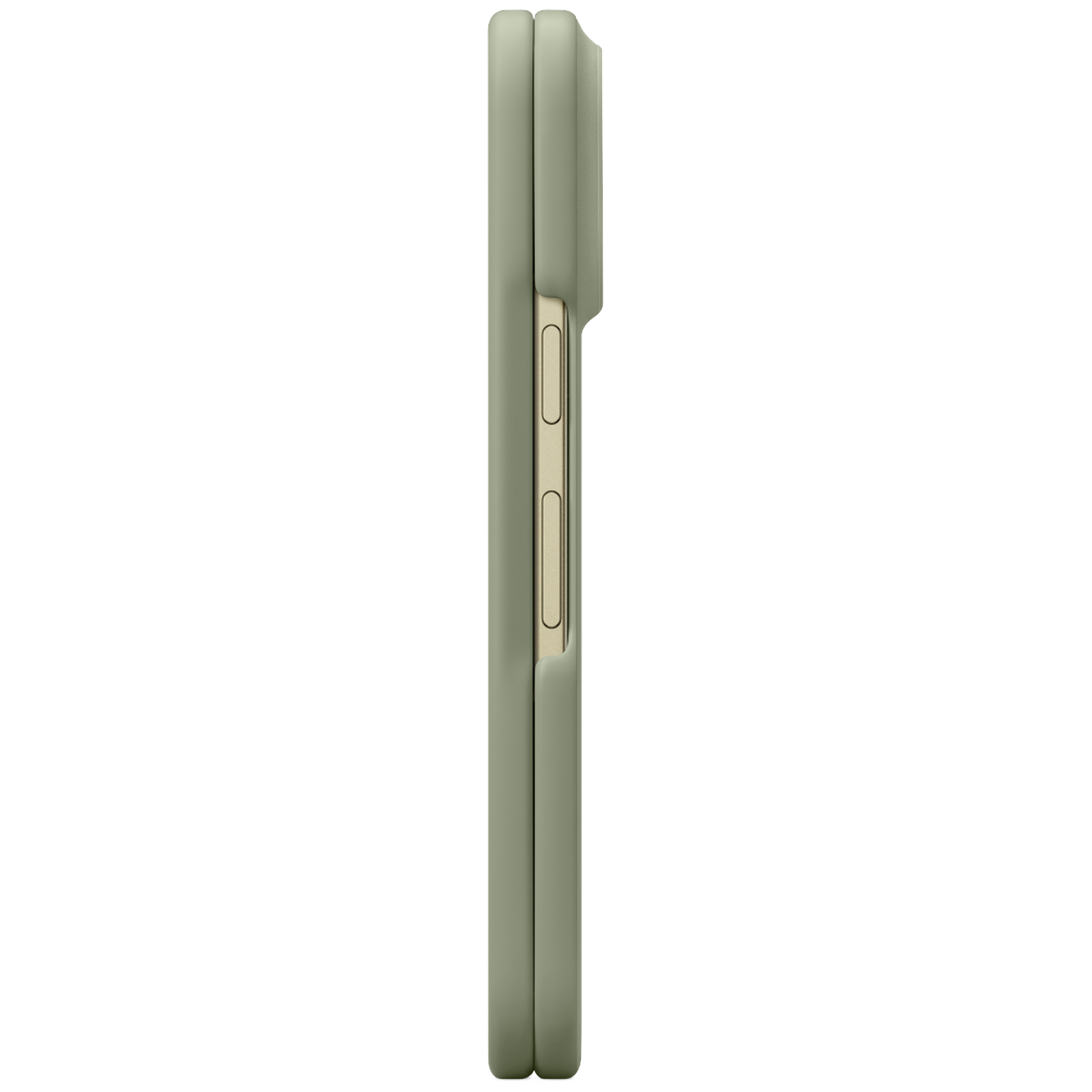 Zijaanzicht van een groene opvouwbare telefoon met zichtbare knoppen op zwarte achtergrond.