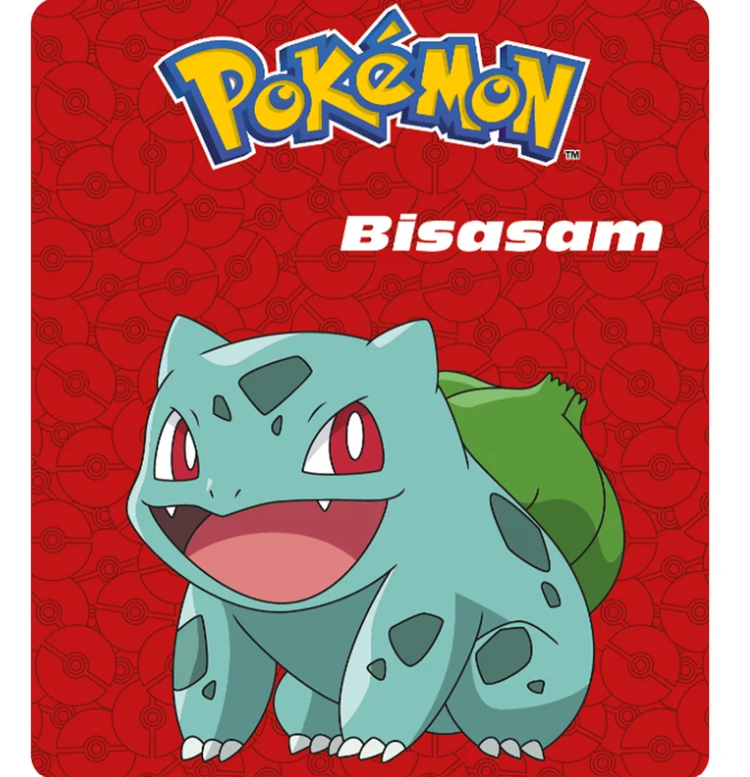 Bisasam steht vor einem roten Pokeball-Hintergrund mit dem Pokemon-Logo und dem Namen Bisasam.