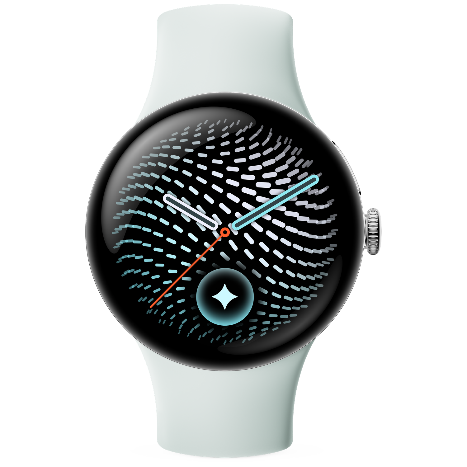 White smartwatch with a round display showing an abstract dotted pattern and clock hands.
