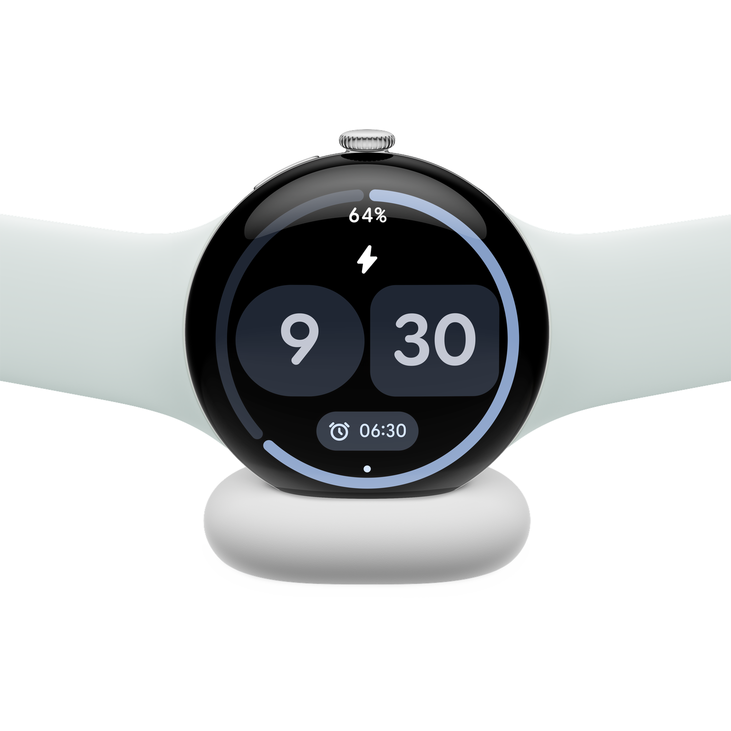A black smartwatch with a white strap rests on a charging stand, showing 64 percent battery, time 9:30, and an alarm.