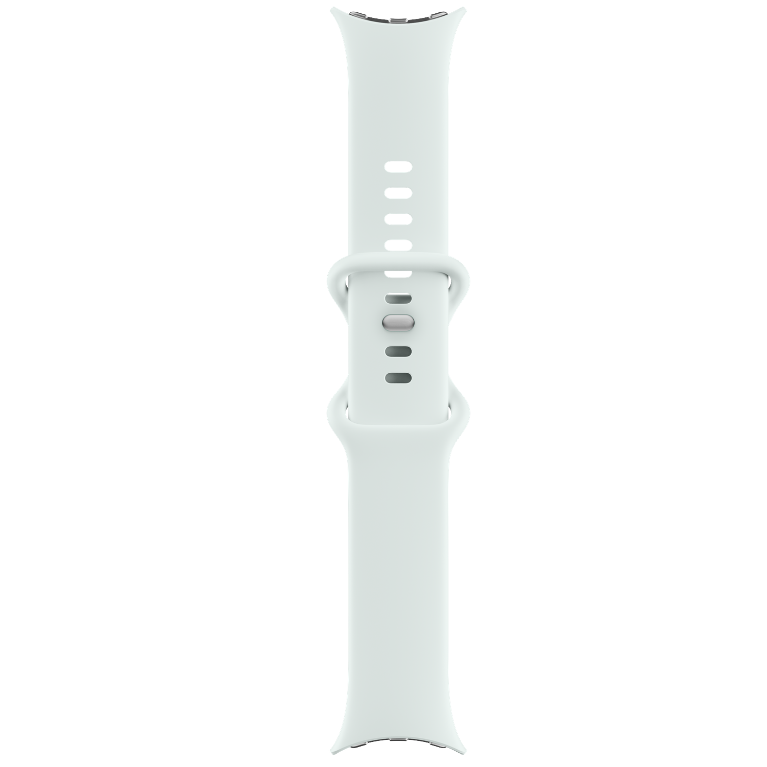 A light green silicone watch strap with multiple adjustment holes and a metallic pin closure on a black background.
