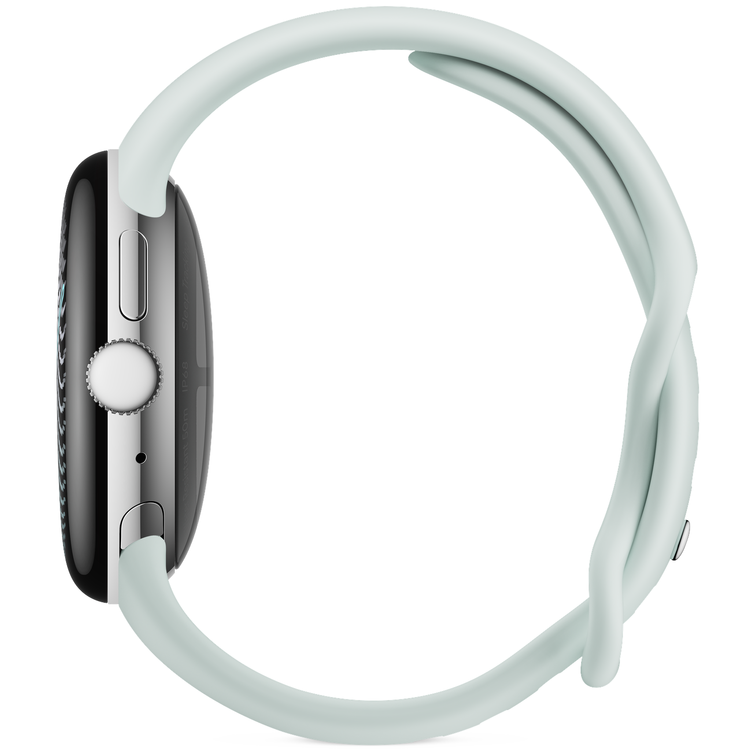 A side view of a smartwatch with a black case, silver crown, and light green silicone band on a black background.