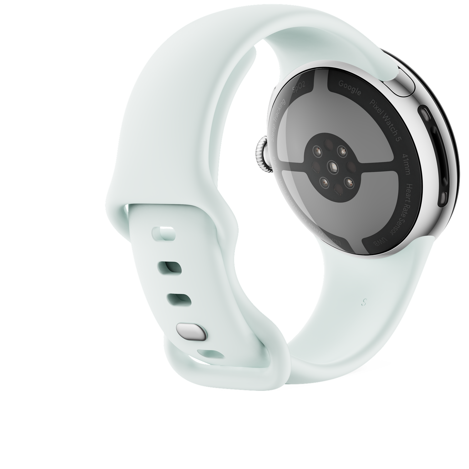 Back of a light green Google Pixel Watch showing sensors and a soft band against a black background.