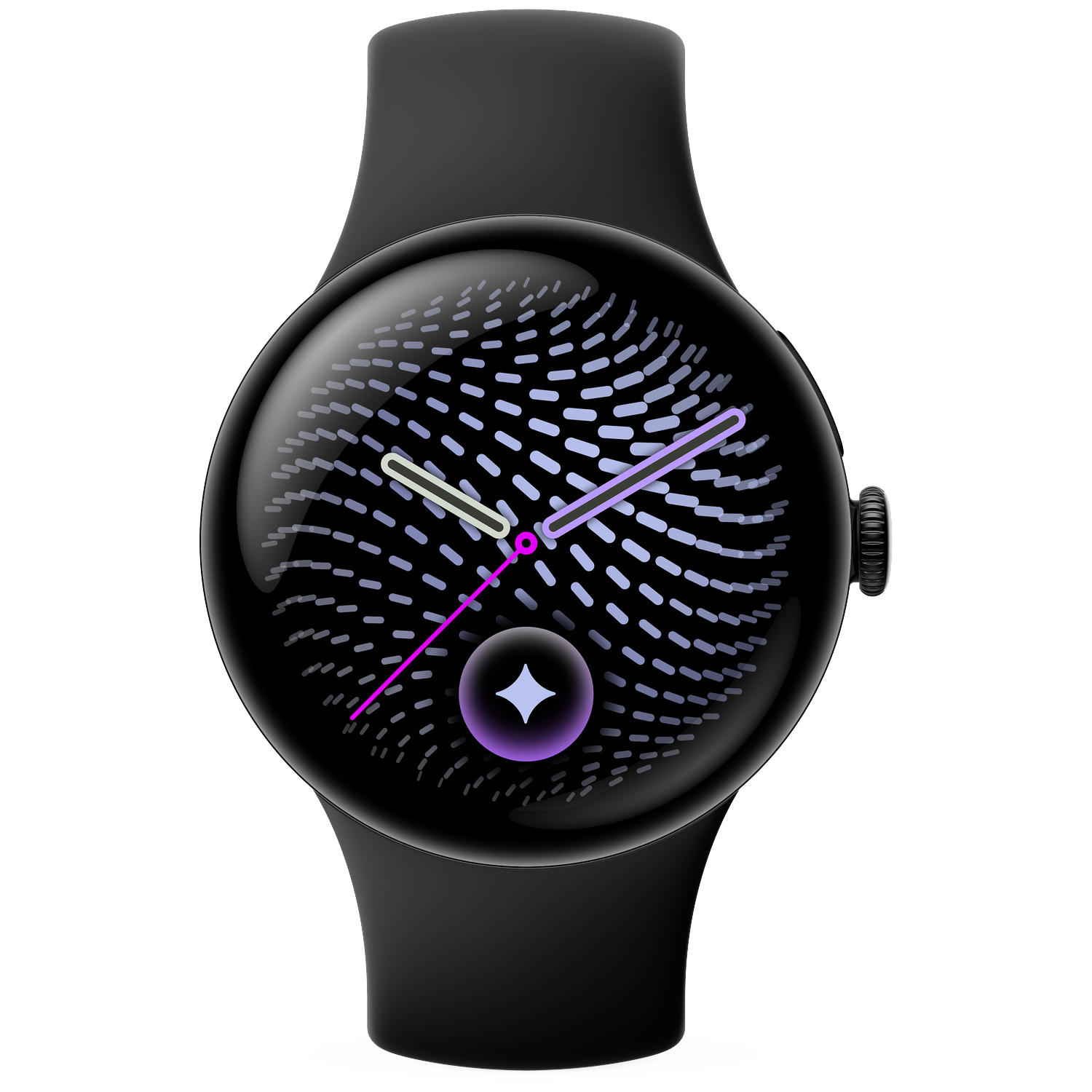Zwarte smartwatch met een rond scherm met een streepjespatroon en analoge wijzers.