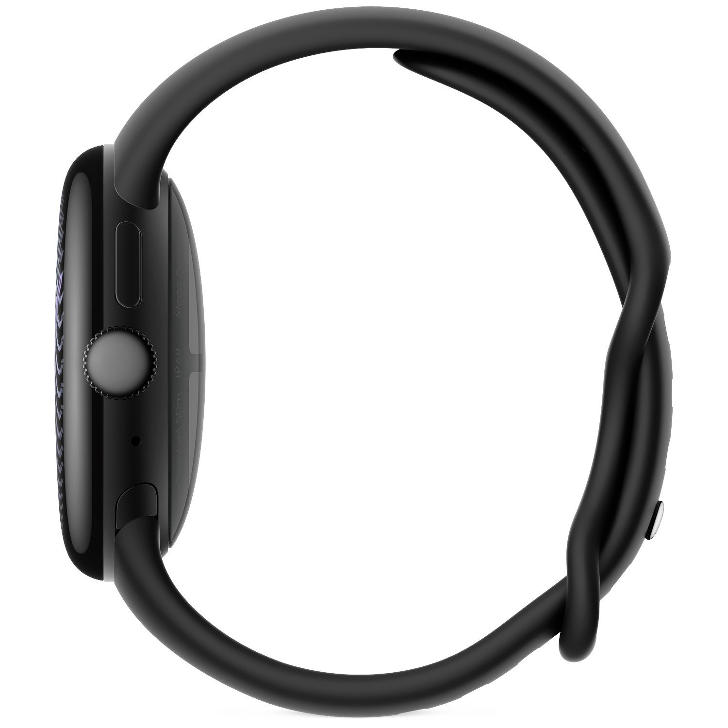 Zijaanzicht van een zwarte smartwatch met kroon en band tegen een zwarte achtergrond.