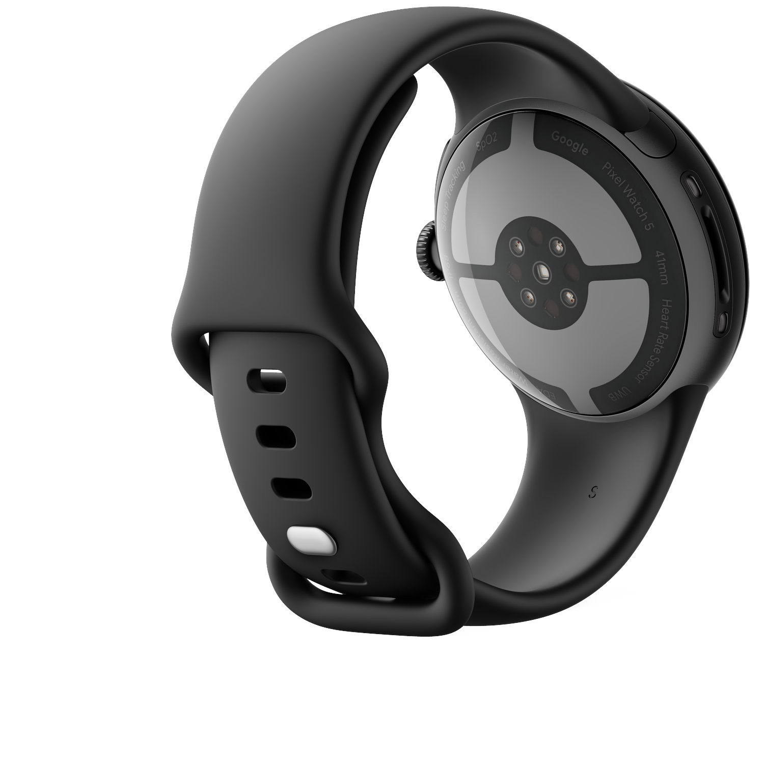 Achteraanzicht van een zwarte smartwatch met sensoren op zwarte achtergrond.